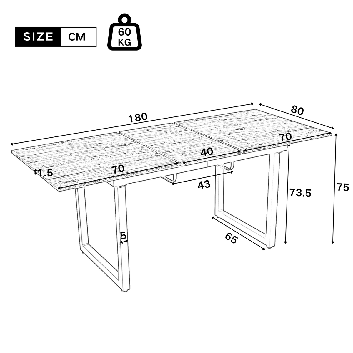 Extendable Dining Table 140/180cm Rectangular Industrial Foldable - Oak Look/Black