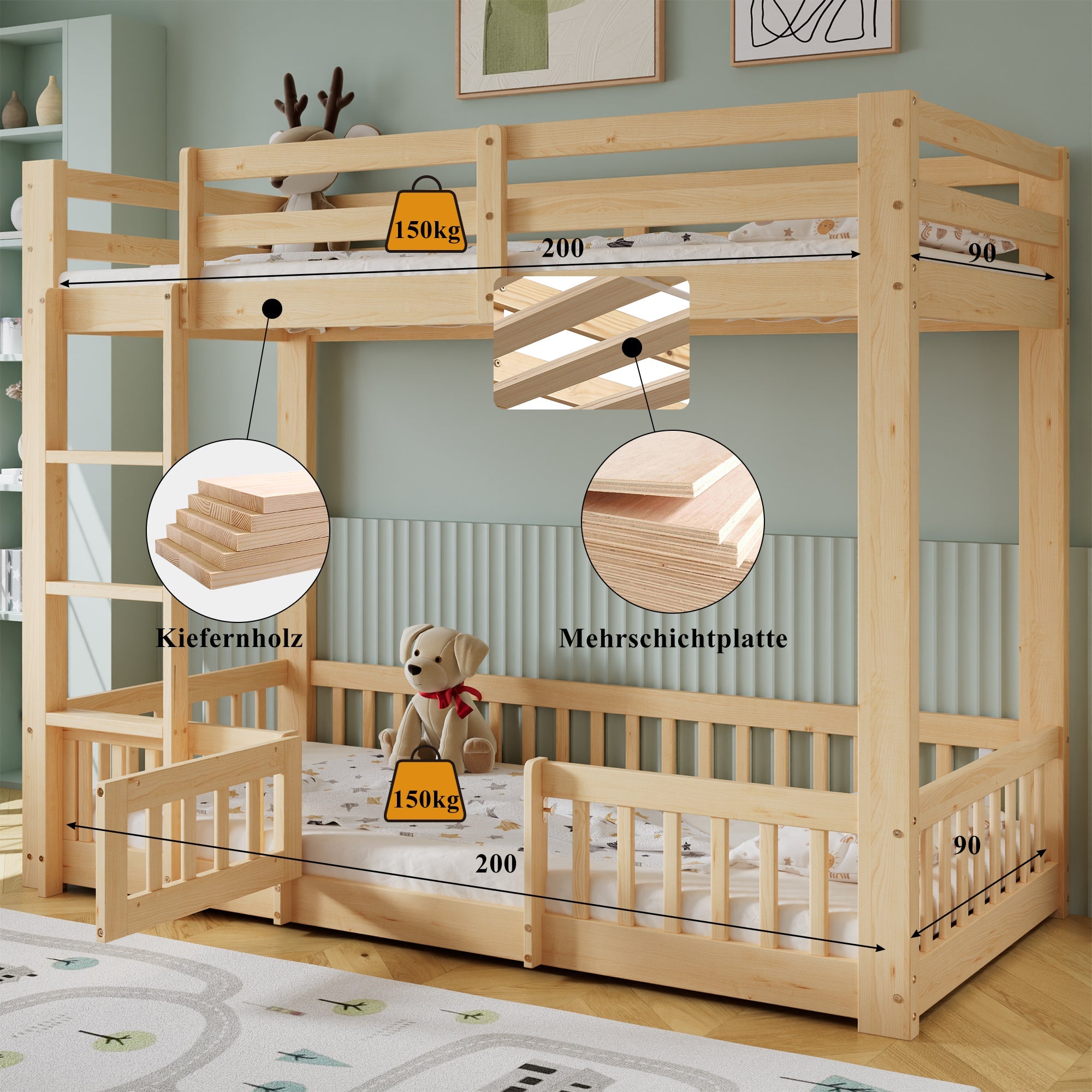 Bunk Bed, Wooden with Stairs, Railing, Fall Protection, Pine