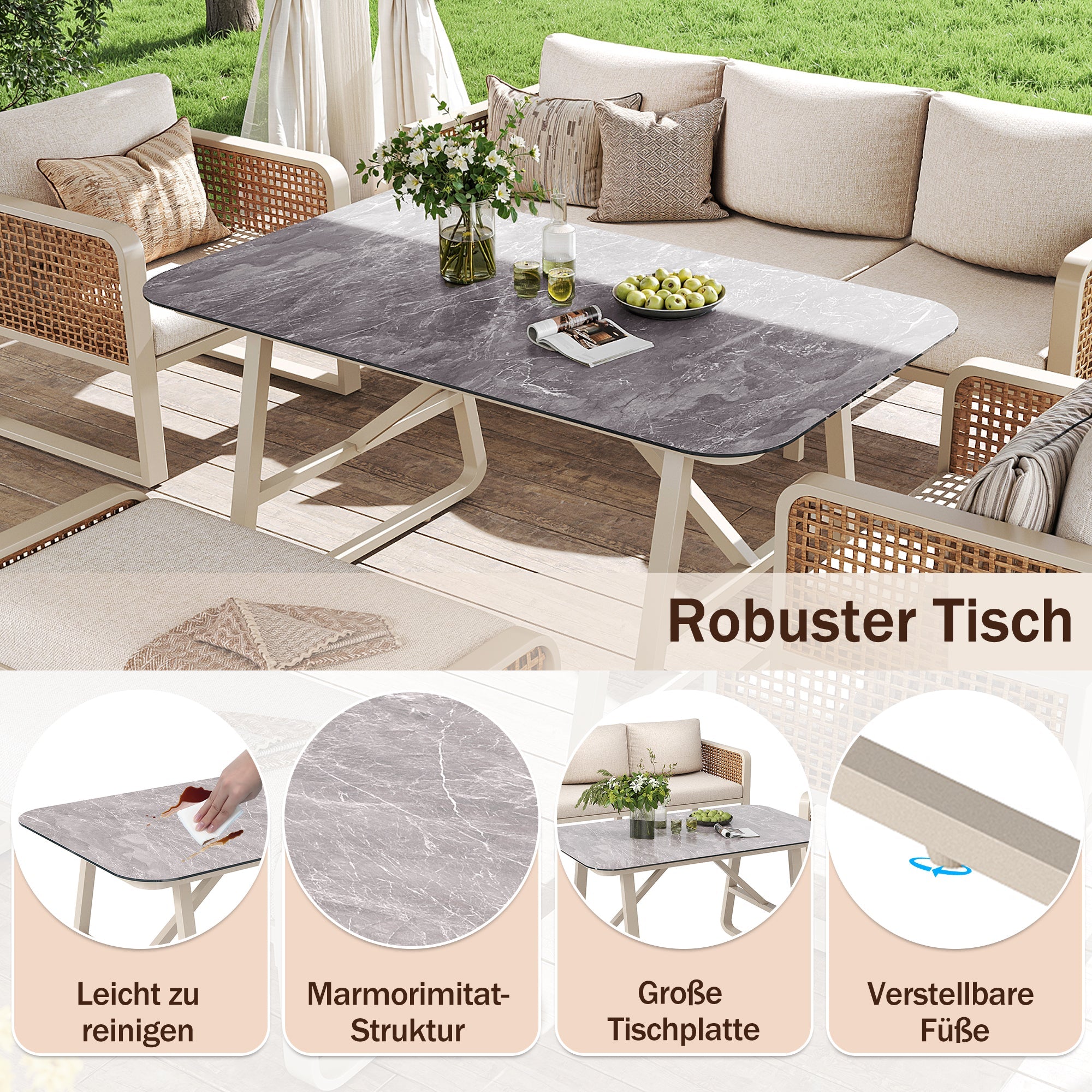 Garden Lounge Set for 6-7 People with Side Table and Washable Cushions, PE Rattan, Beige