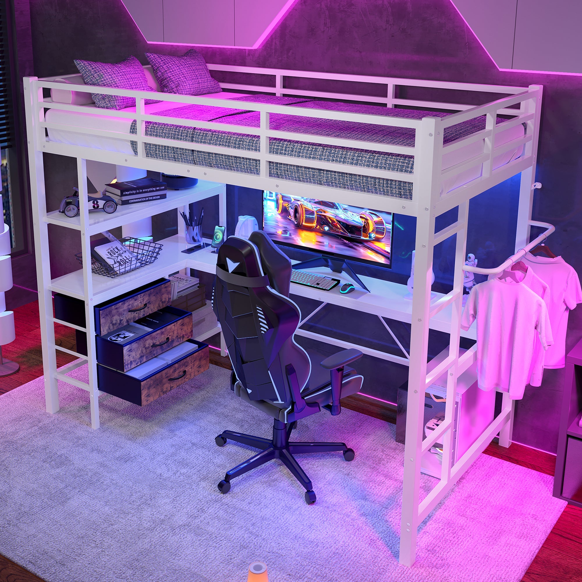 Loft Bed 90x200cm with Desk, LED Lights & Storage Drawers, White