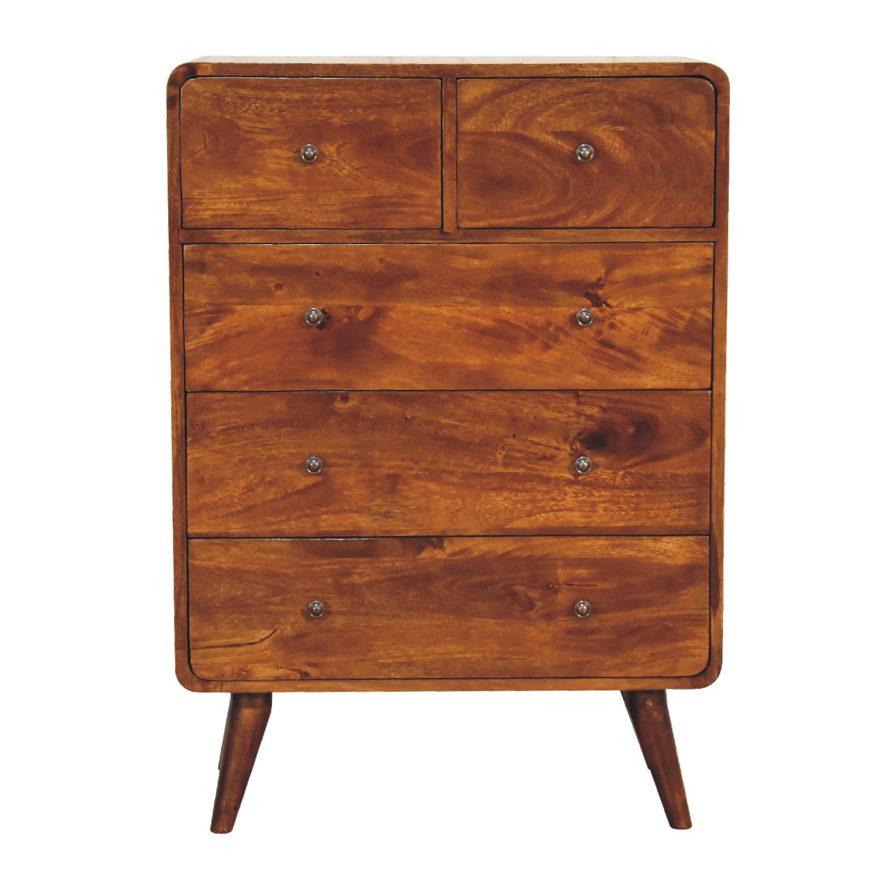 Solid Wood 2 over 3 Curved Chestnut Chest with Nordic Legs, Dark Brown