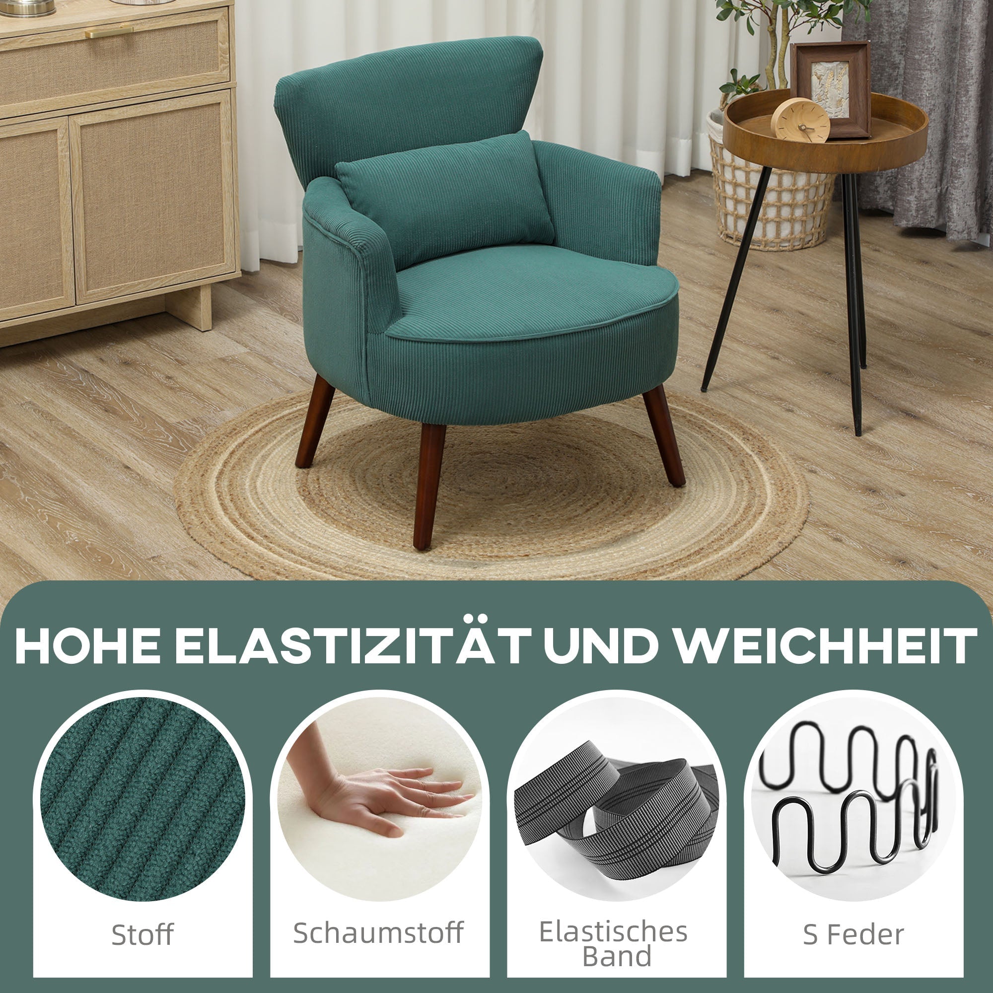 Armchair Lounge Chair Upholstered Corduroy Look Wooden Legs Dark Green