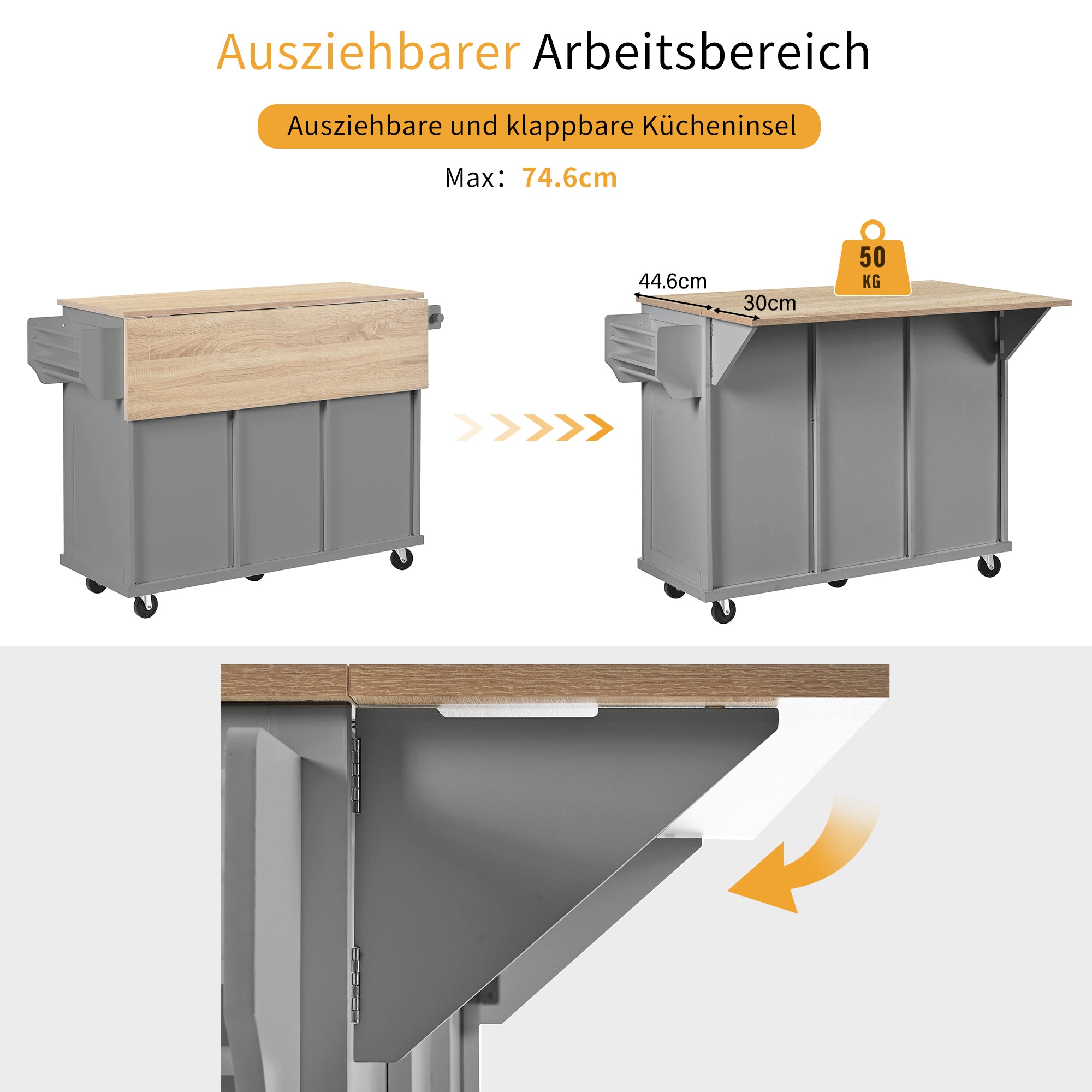 Kitchen Island with Wheels, Extendable Dining Area, Waste Bin & Drawers, Grey