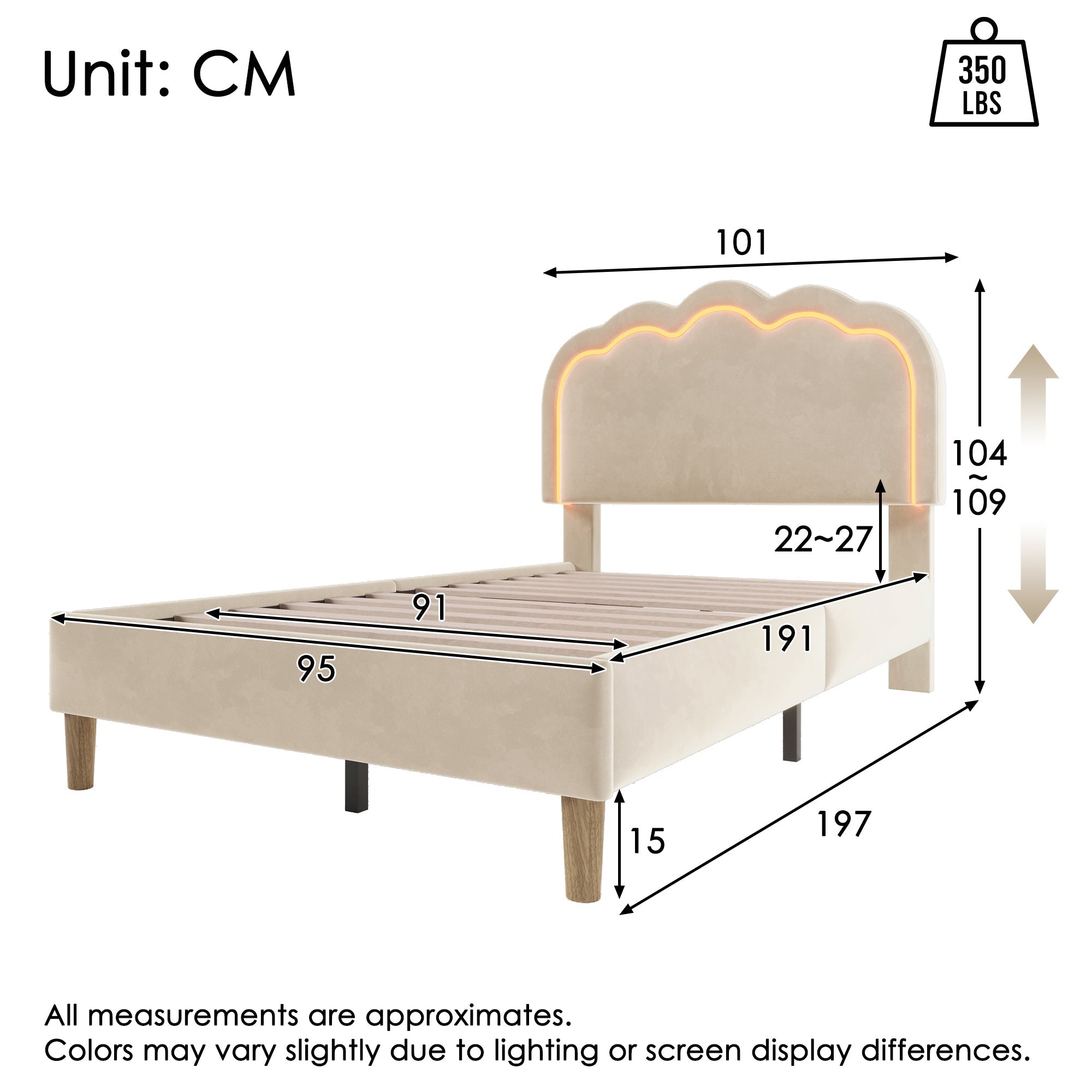 Upholstered Bed, Single with LED, Adjustable Height Headboard, Beige Velvet