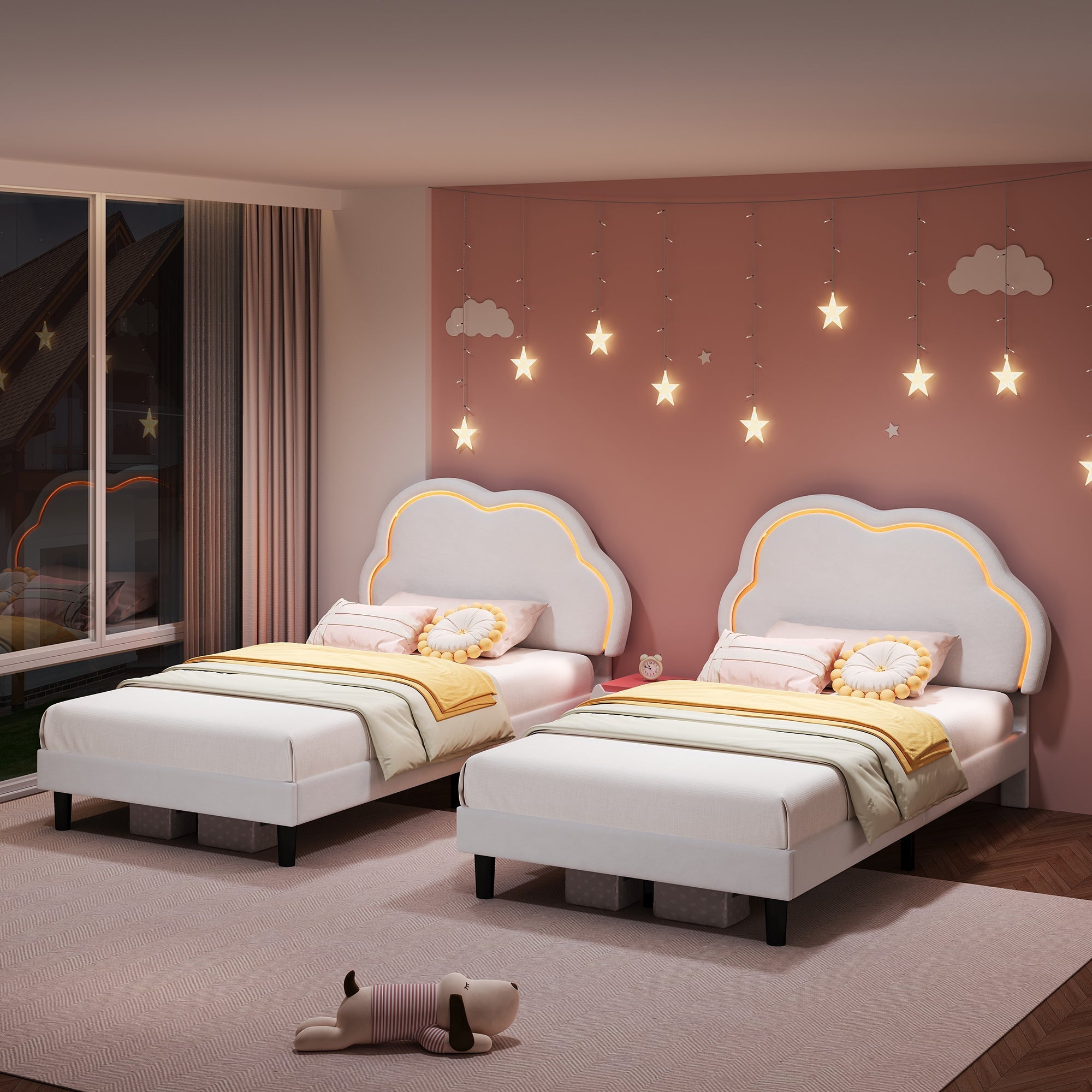 3ft Single Upholstered Bed with LED Adjustable Cute Cloud Headboard, Soft Velvet Bed Frame with Solid Wood Slat, Cream White