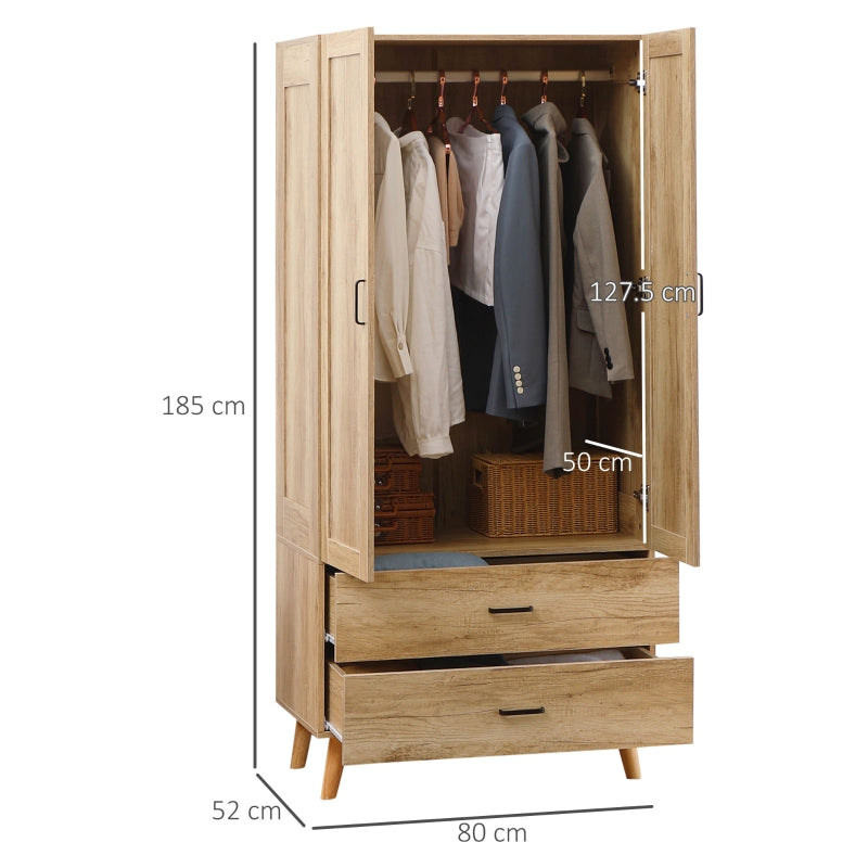 2 Door Wardrobe with 2 Drawer and Hanging Rail, Natural