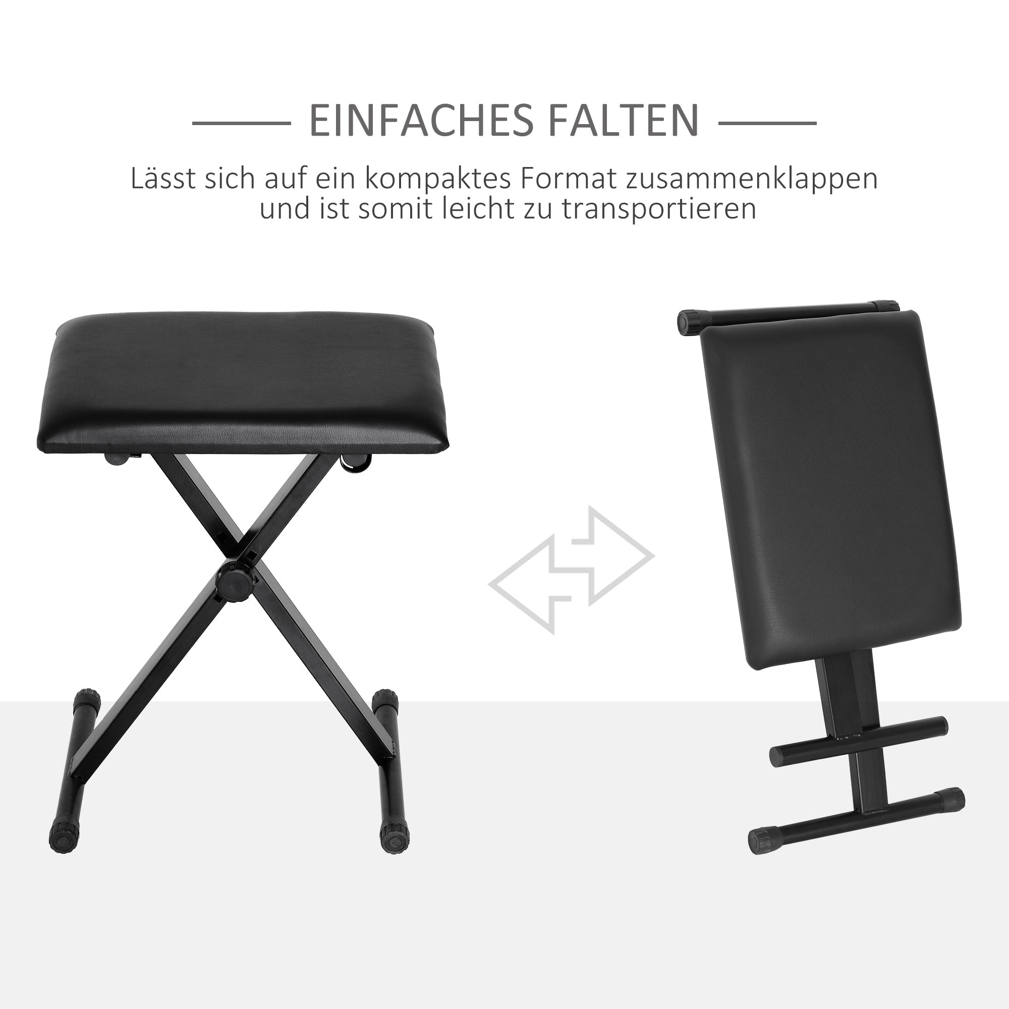 Piano Stool/Bench, Height Adjustable Foldable Metal, Black Faux Leather
