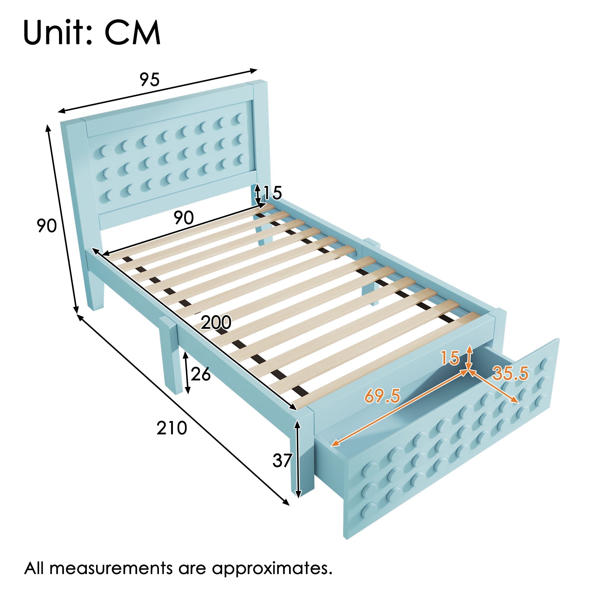 Single Bed, 90x200cm Creative Block Design, Solid Wood