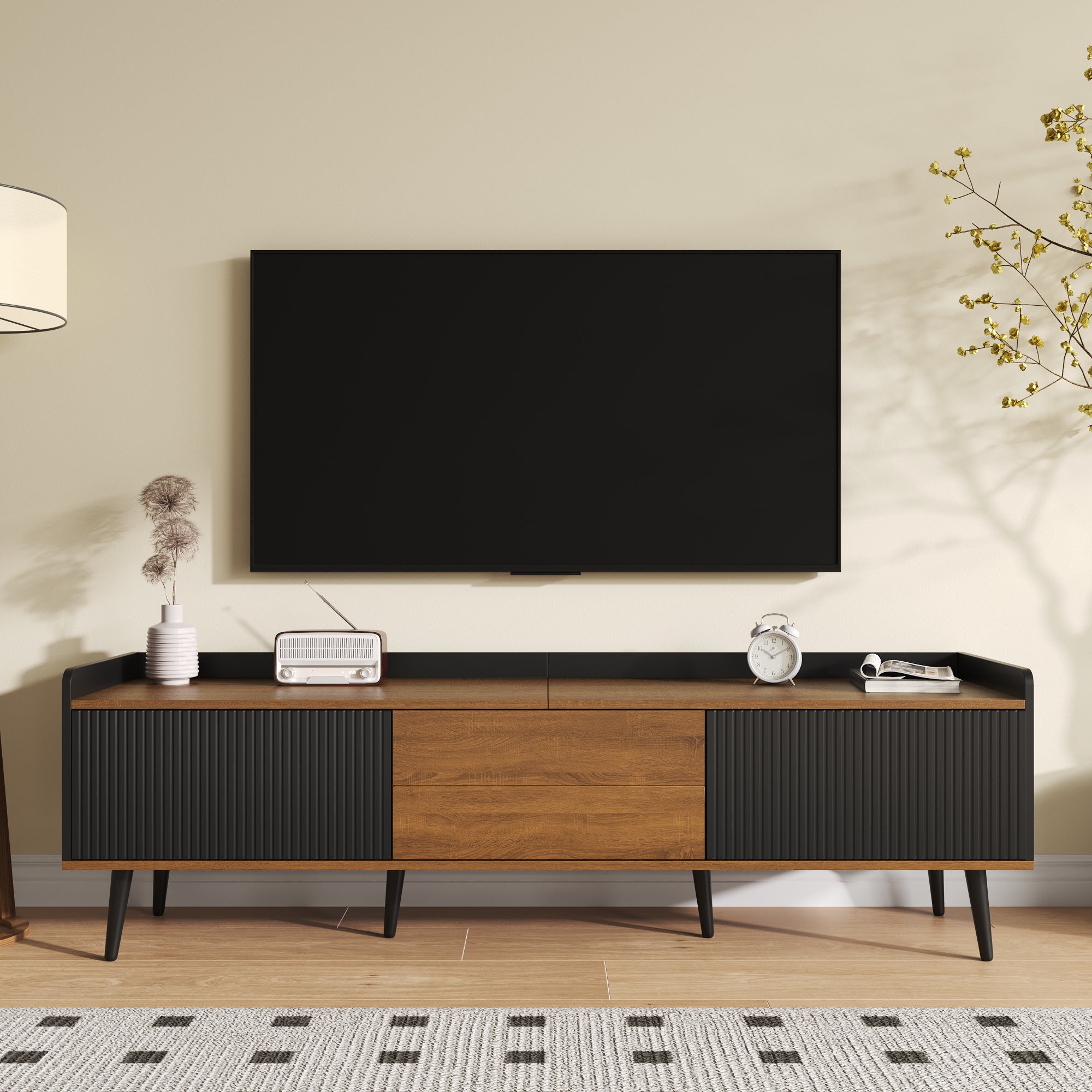 TV Cabinet 3-Door Base Cabinet Compact Design Black and Natural Wood