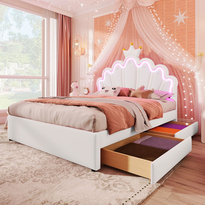 Upholstered Bed 140x200cm Crown Design Ambient Light 2 Drawers Adjustable Headboard - White PU