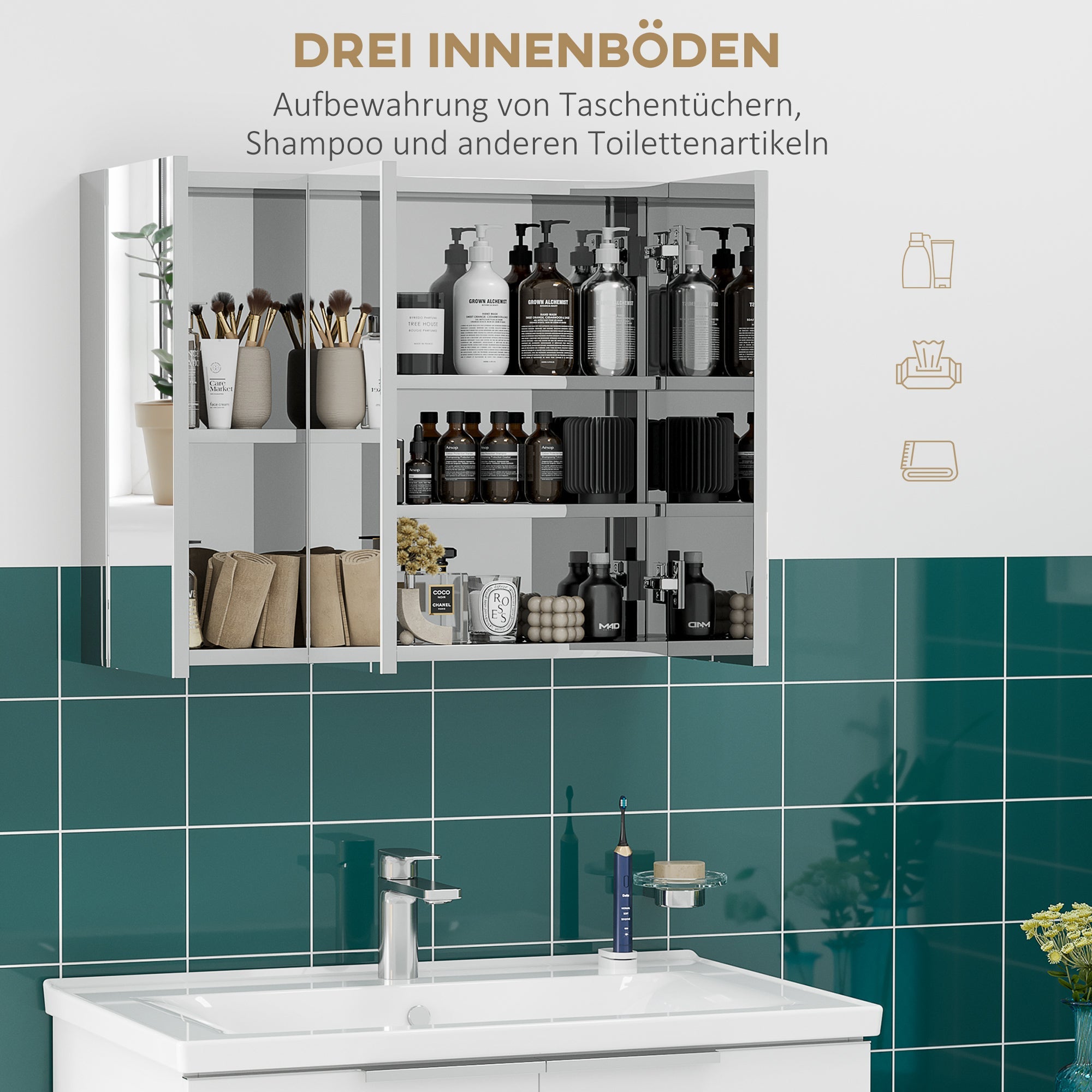 Bathroom Cabinet Mirrored Wall-Mounted 3 Glass Doors 5 Shelves, Stainless Steel Silver 70x12x55cm
