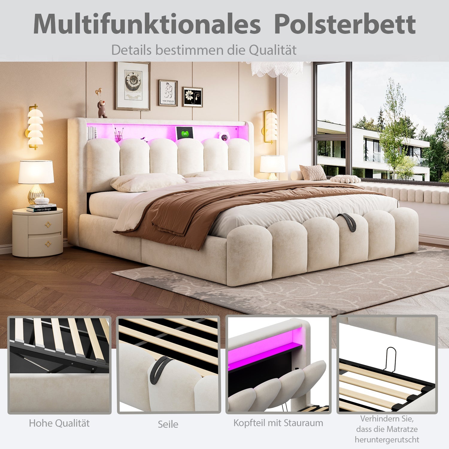 Upholstered Bed 180x200 Hydraulic Storage LED USB/Type-C Velvet Beige