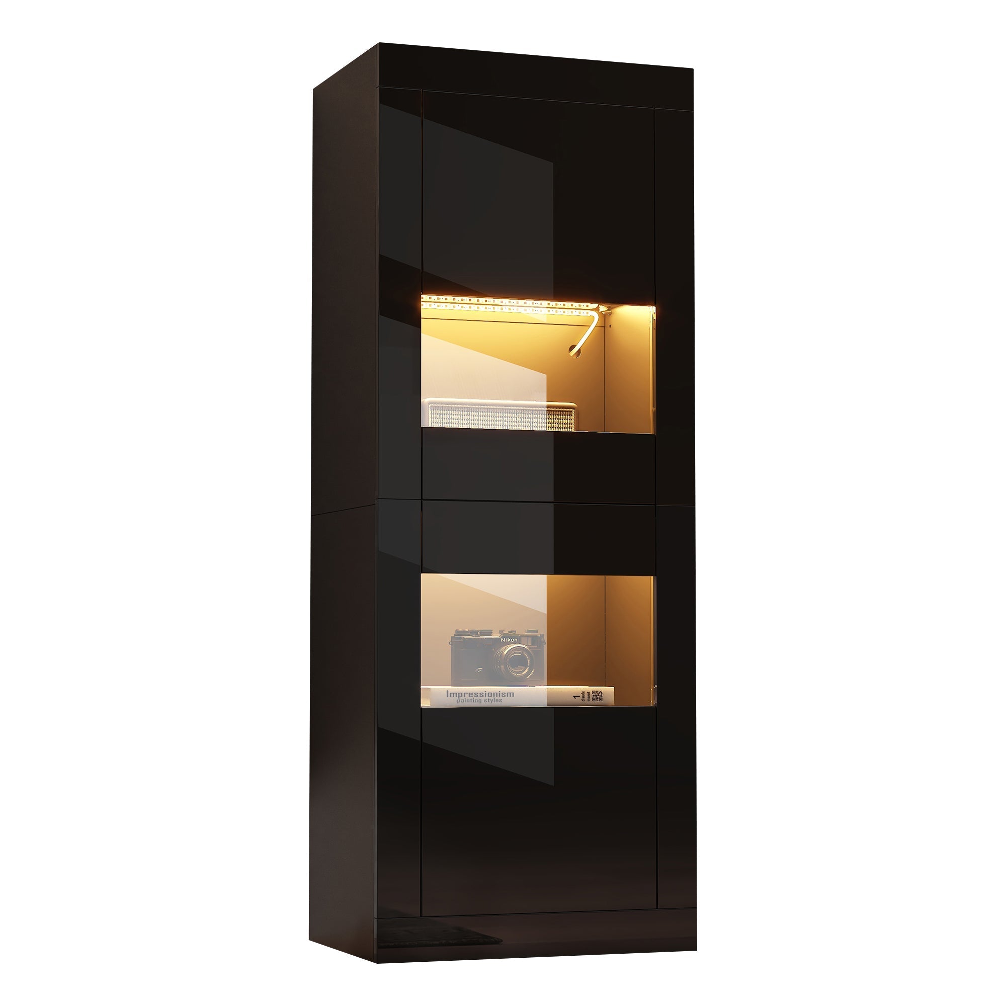 Display Cabinet with LED Lighting and Glass Shelf, High-Gloss Black