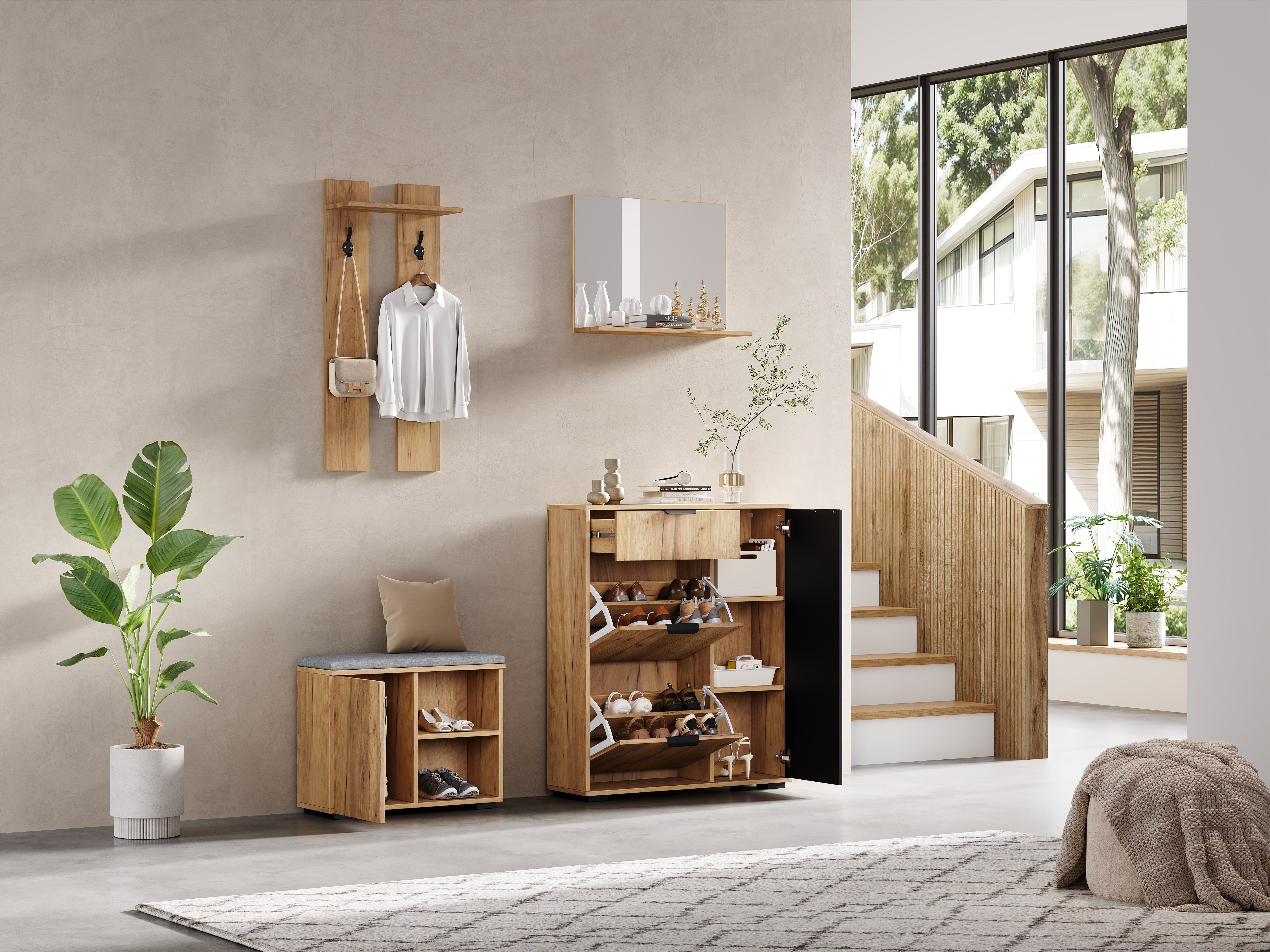 Hallway Wardrobe Set Wall-Mounted with Shoe Bench Shoe Cabinet Mirror Natural and Black