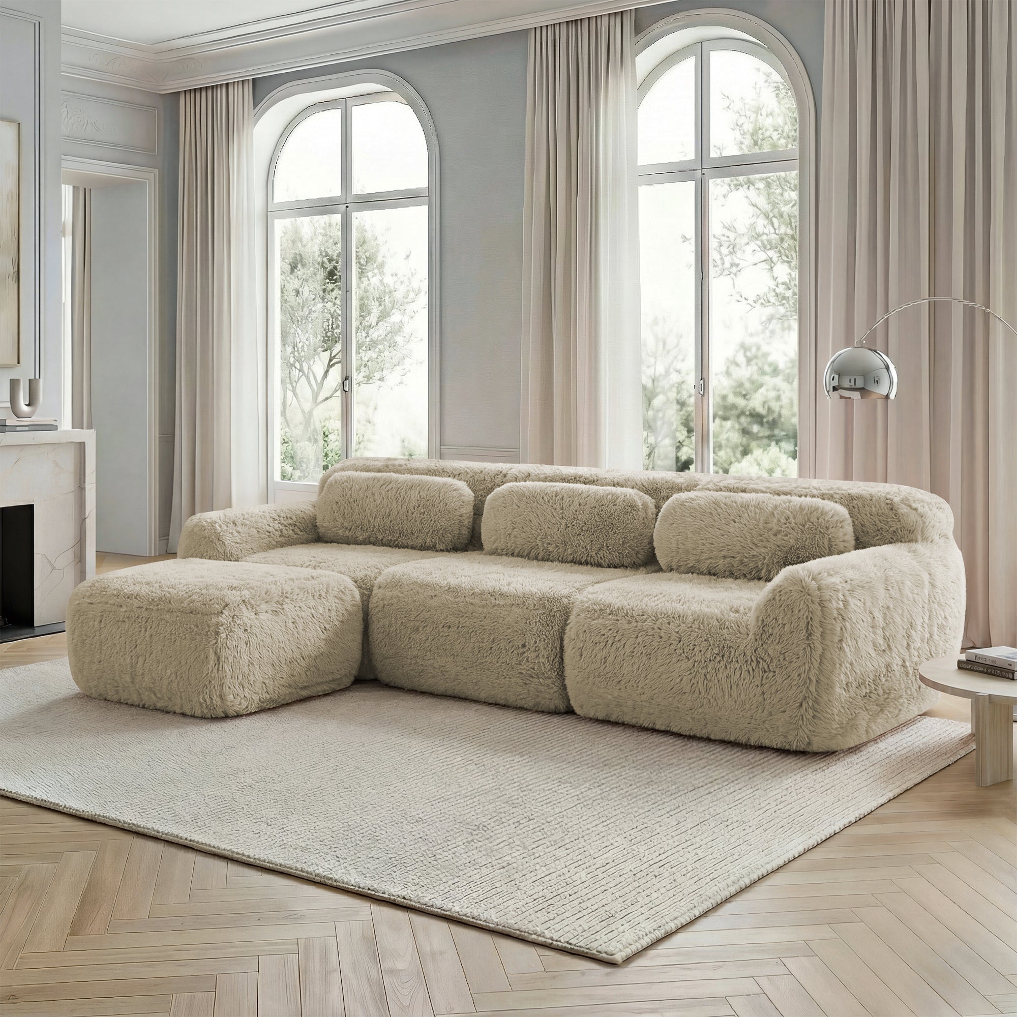 L-shaped Modular Sofa Plush Fabric Deep Frameless - Light Khaki