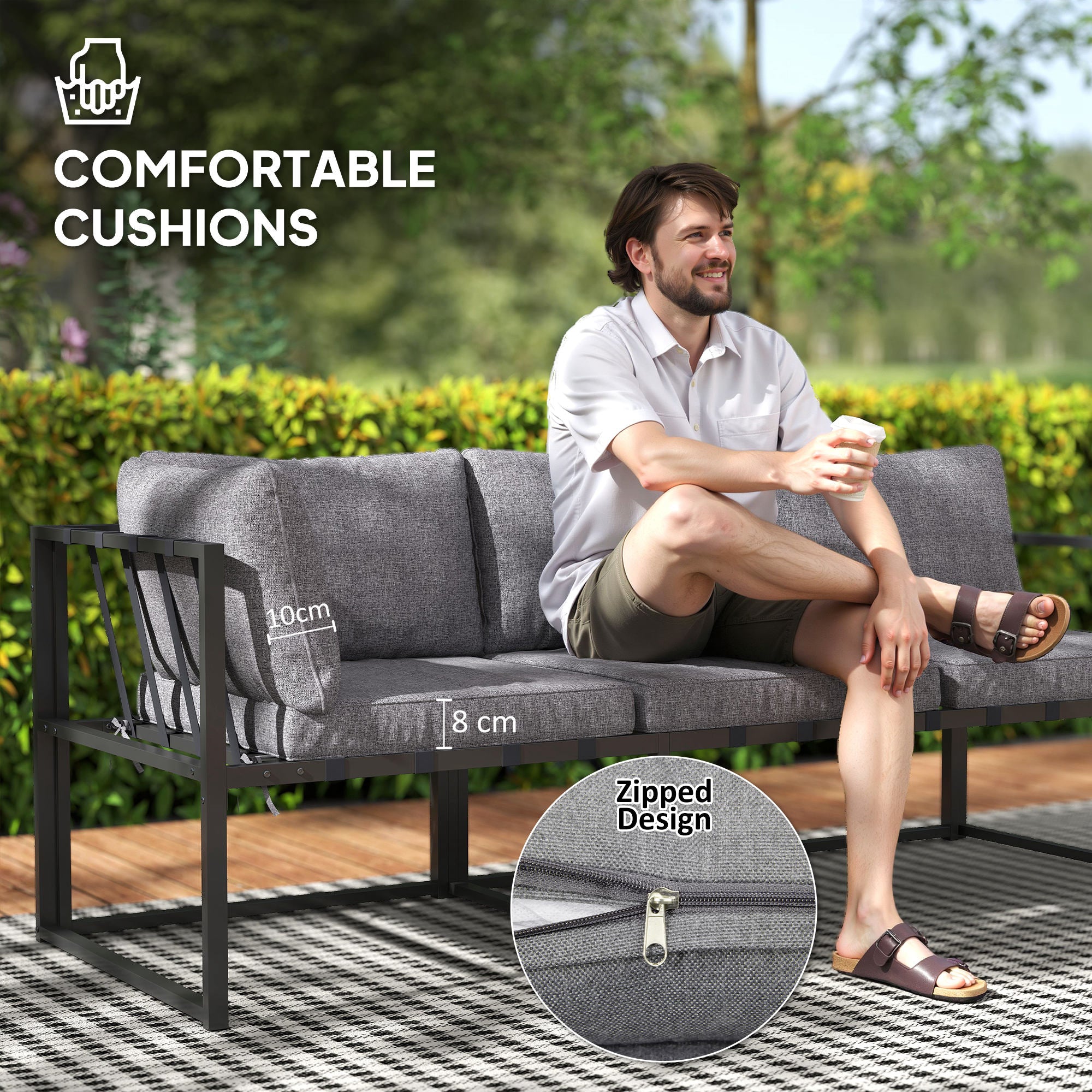 Three-Piece L Shaped Garden Sofa Set with Cushions - Grey