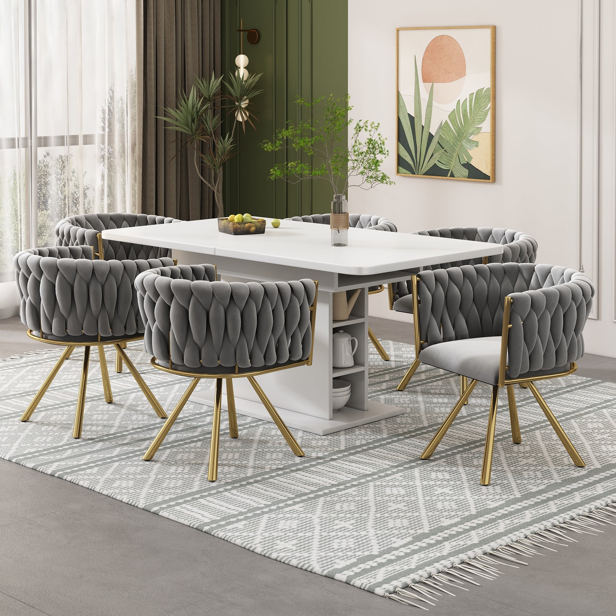 Velvet Dining Chair Set of 2 Swivel Metal Legs - Grey and Gold