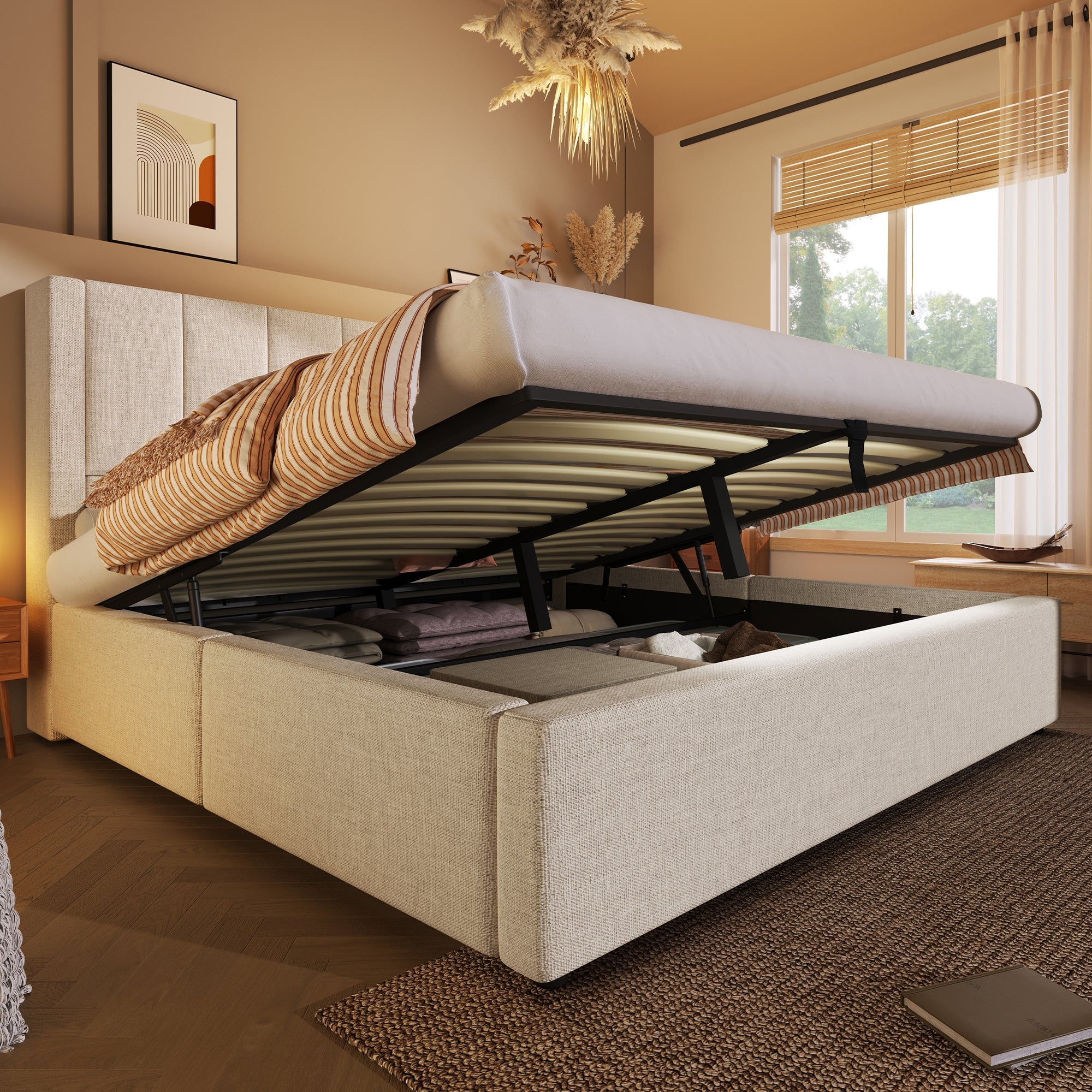 Upholstered Double Bed 160x200cm Hydraulic Storage Cup Holder Charging Station - Linen Beige