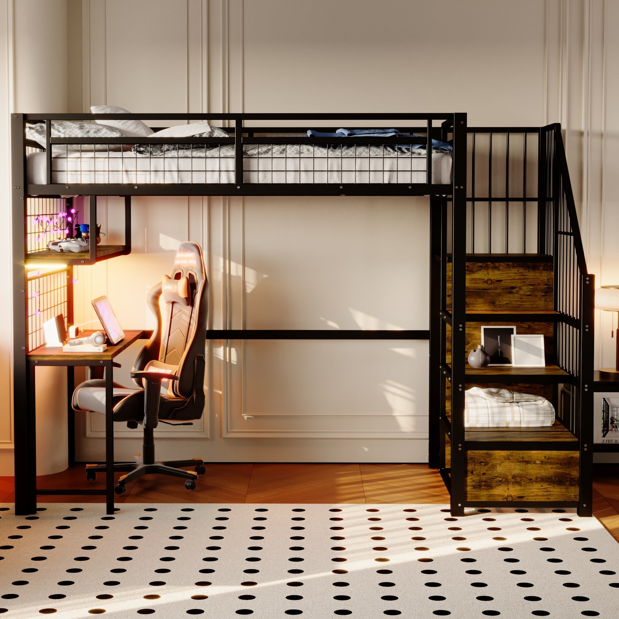 Metal Loft Bed 90x200cm Storage Ladder Wardrobe Desk Light & USB - Black