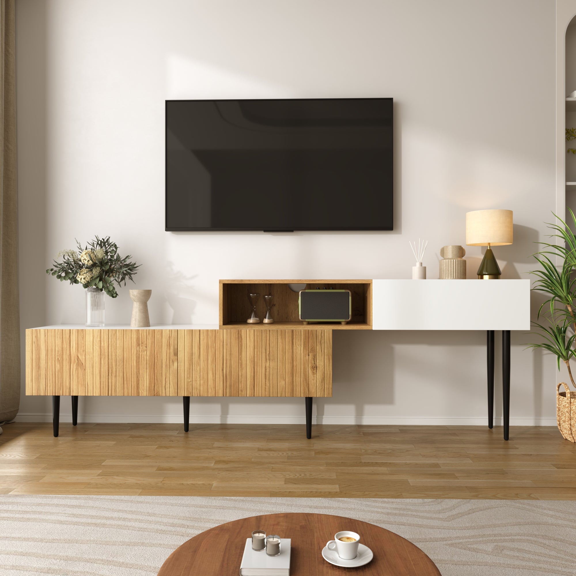 Modern TV Cabinet, adjustable length, modular 2-piece, wood look + matt white, black metal legs