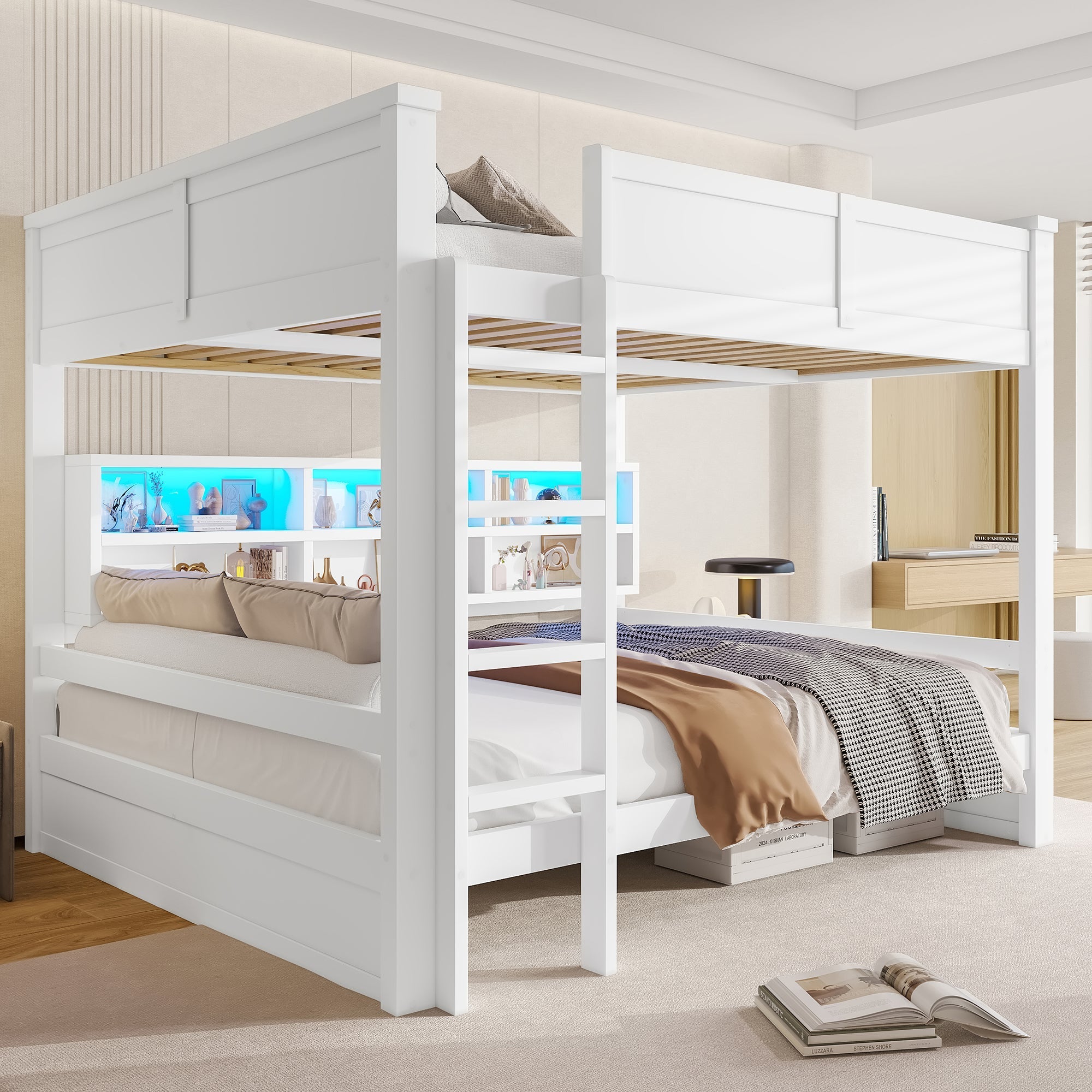Bunk Bed with Storage Cabinets and LED Light, 160x200cm, White