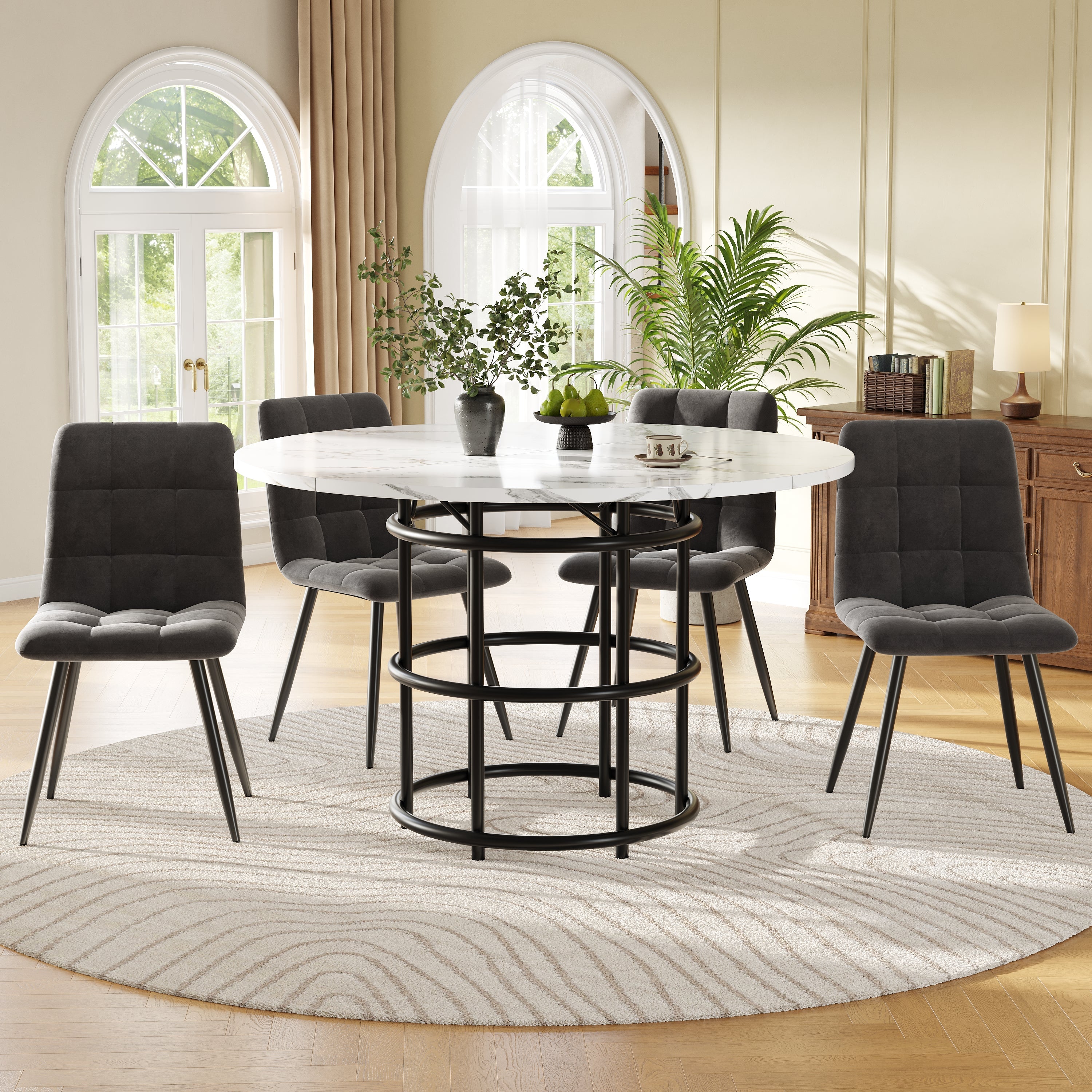 Dining Table Set 5-Piece Round 100cm White MDF/Grey Velvet