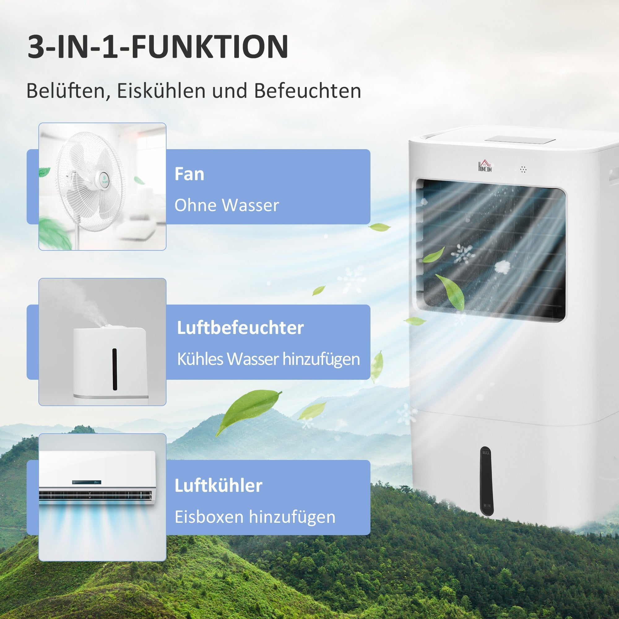 3-in-1 Portable Air Conditioner, 15L Water Cooling 65W, for 20m² Rooms, White