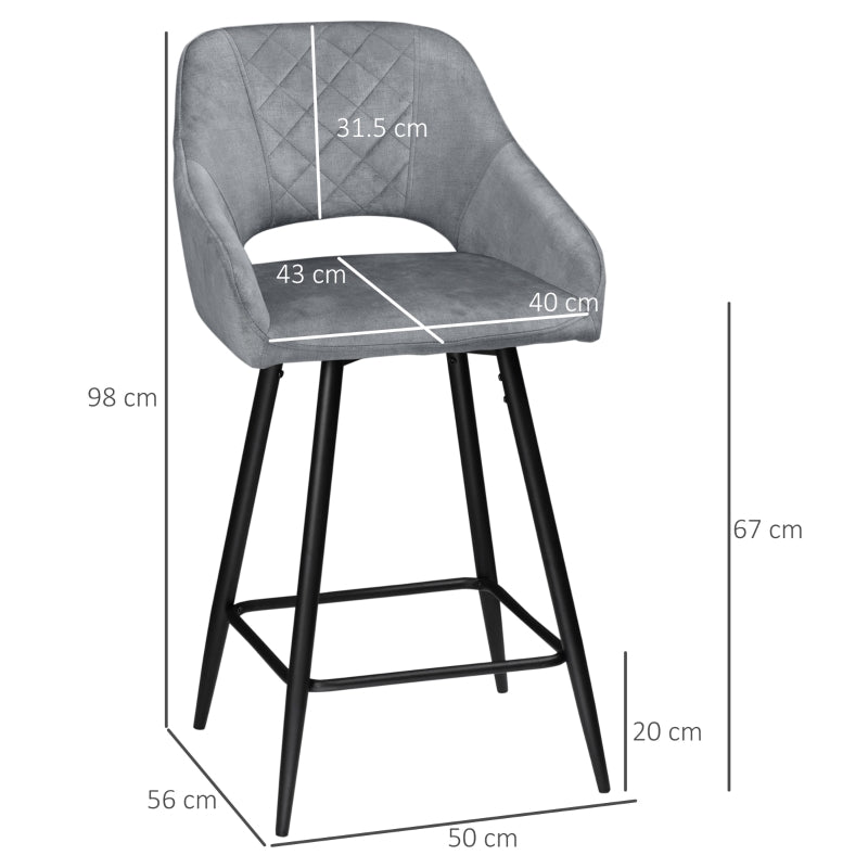Bar Stools Set of 2, Counter Height with Steel Legs, Velvet-Touch Fabric Grey