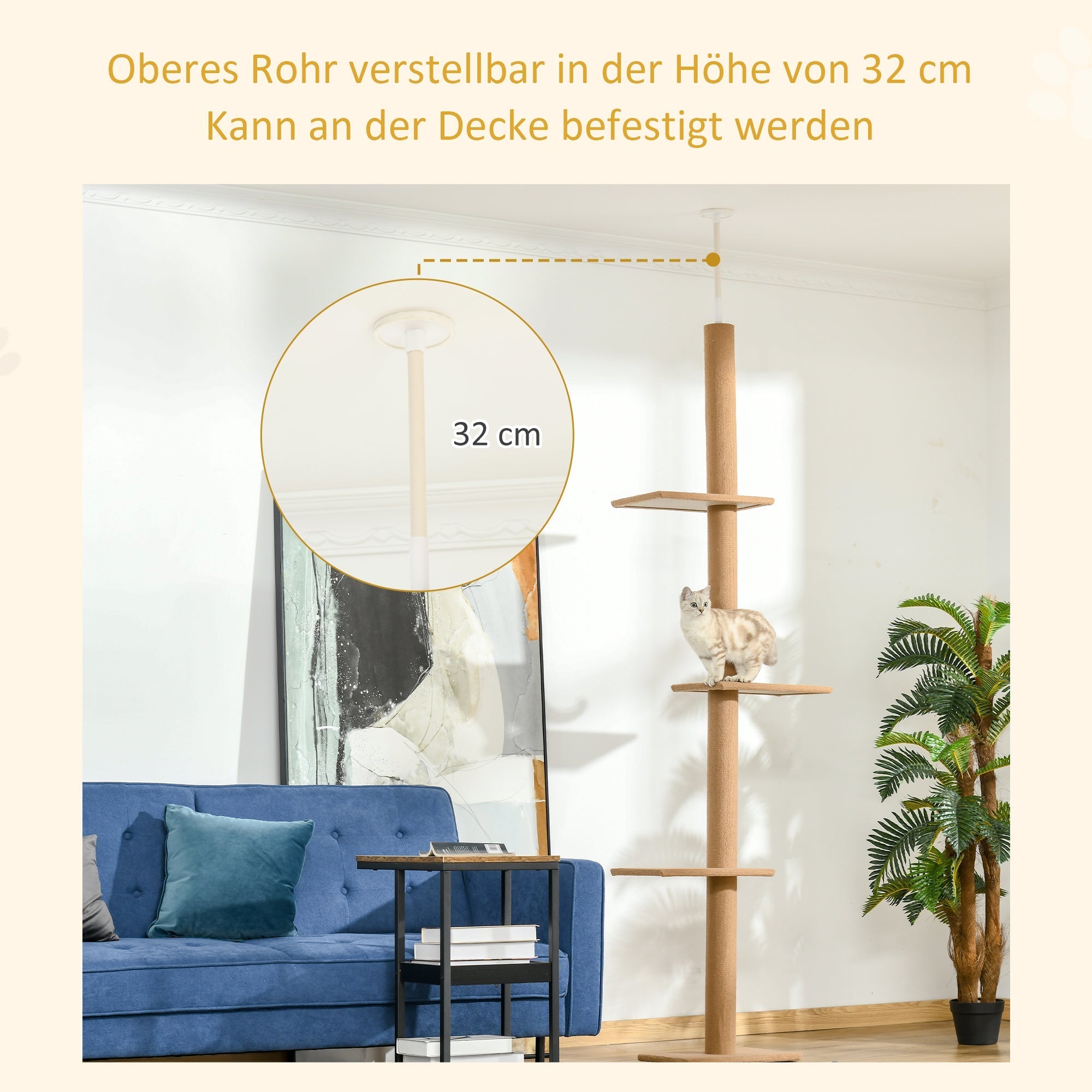 Kratzbaum, höhenverstellbarer Spielbaum für Katzen, Hellbraun