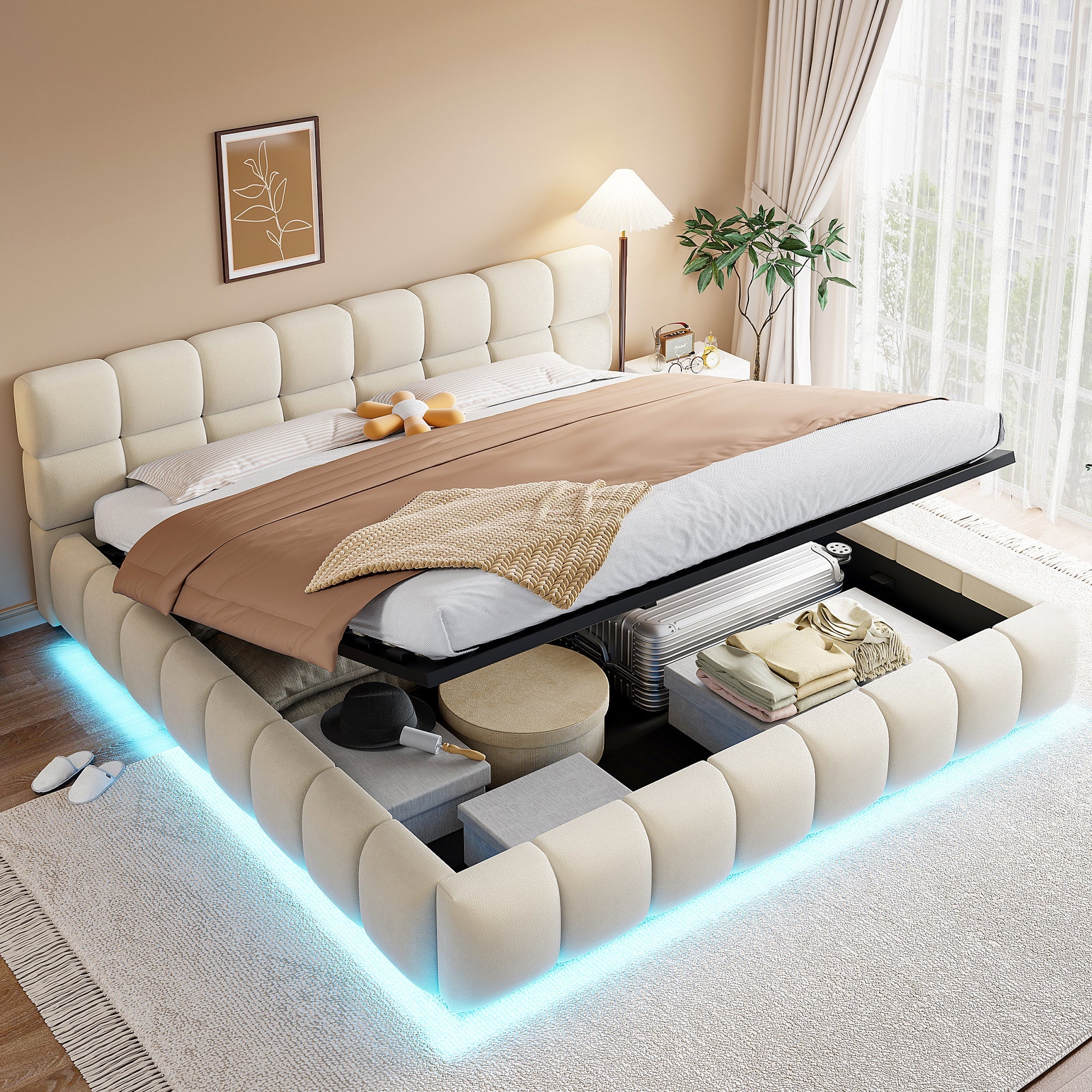 Upholstered Double Bed with Light Strip and Hydraulic Storage, 180x200cm, Beige Velvet Fabric