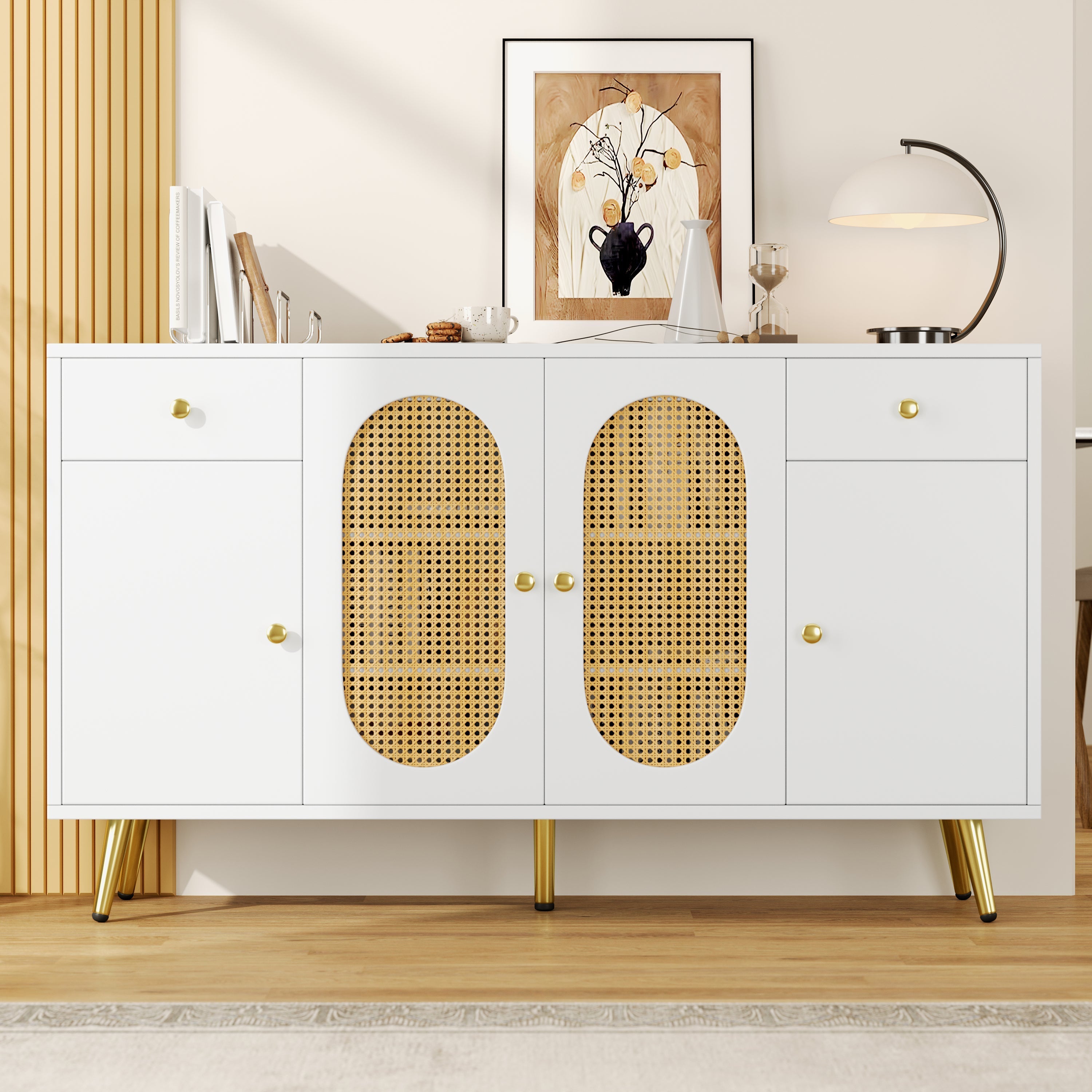Chest of Drawers Sideboard 2 Drawers 4 Doors Adjustable Shelves White/Natural