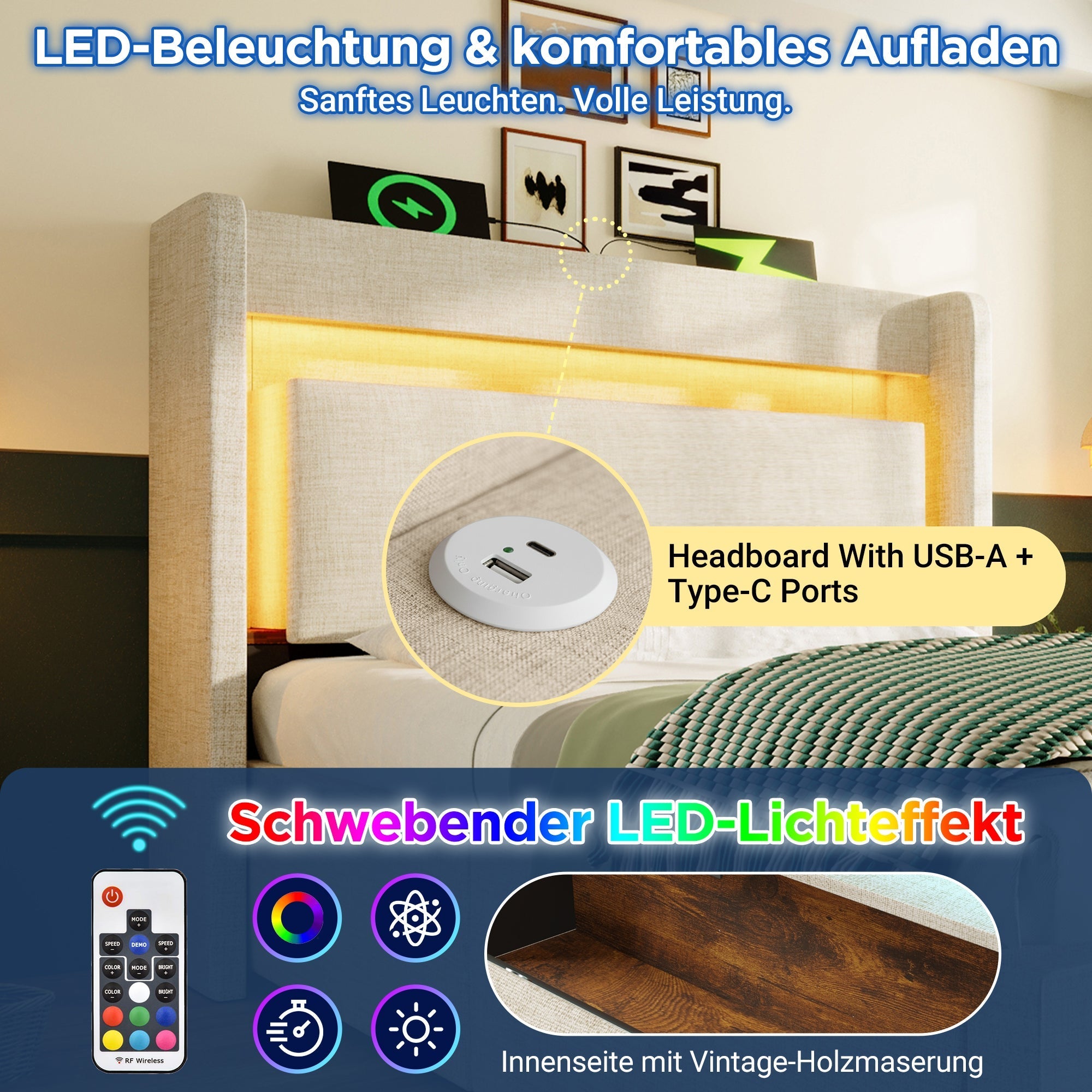 Upholstered Bed with Hydraulic Storage and LED Headboard, 90x200 cm with Mattress, Beige Linen