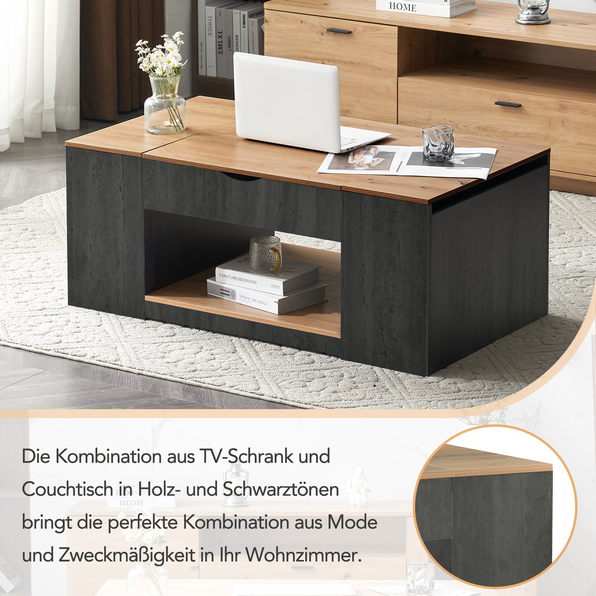 Coffee Table with Lift Function & Storage 109.5cm - Grey Frame