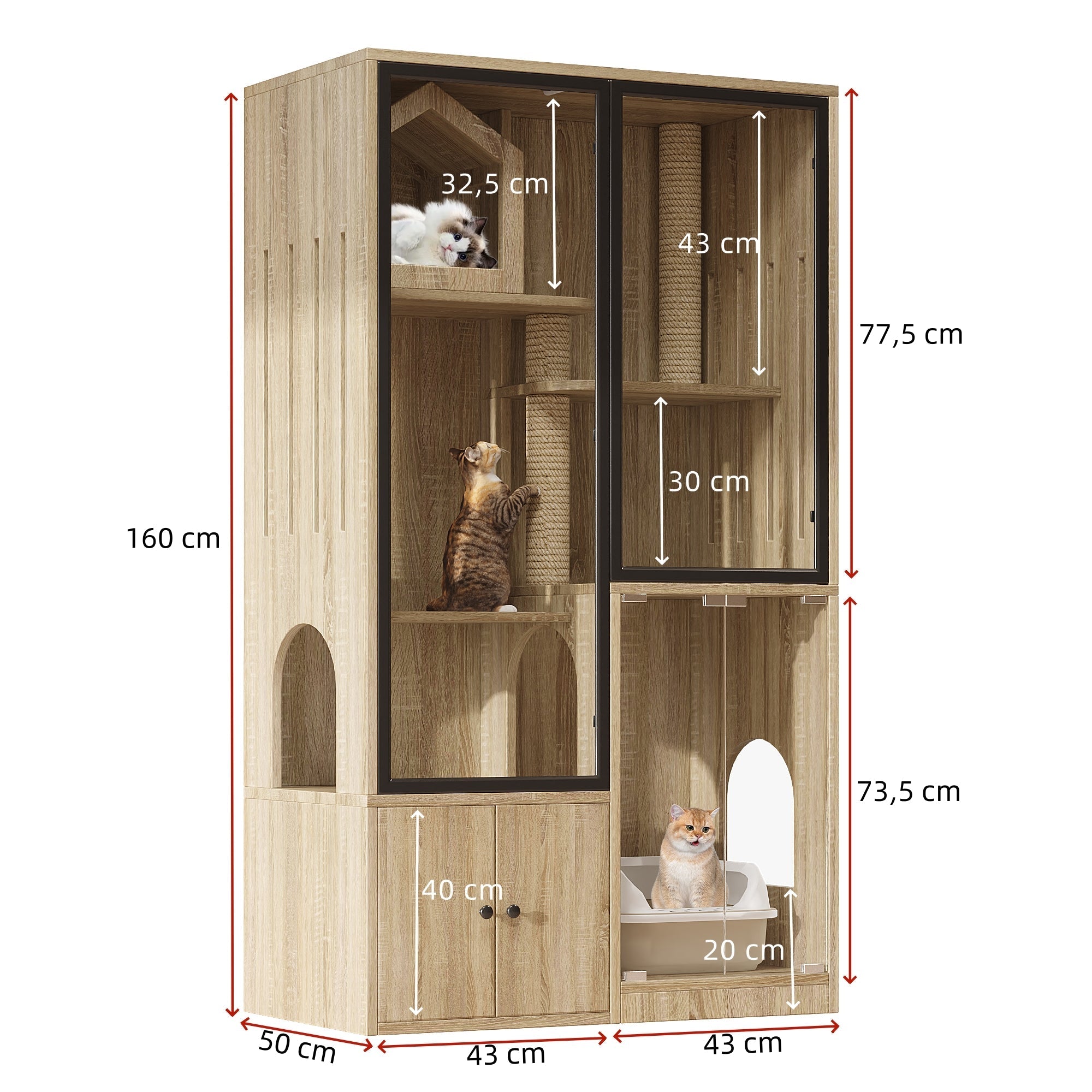 4-Story Glass Cat House Cage Winterproof 90x50x160cm - Natural Wood Color