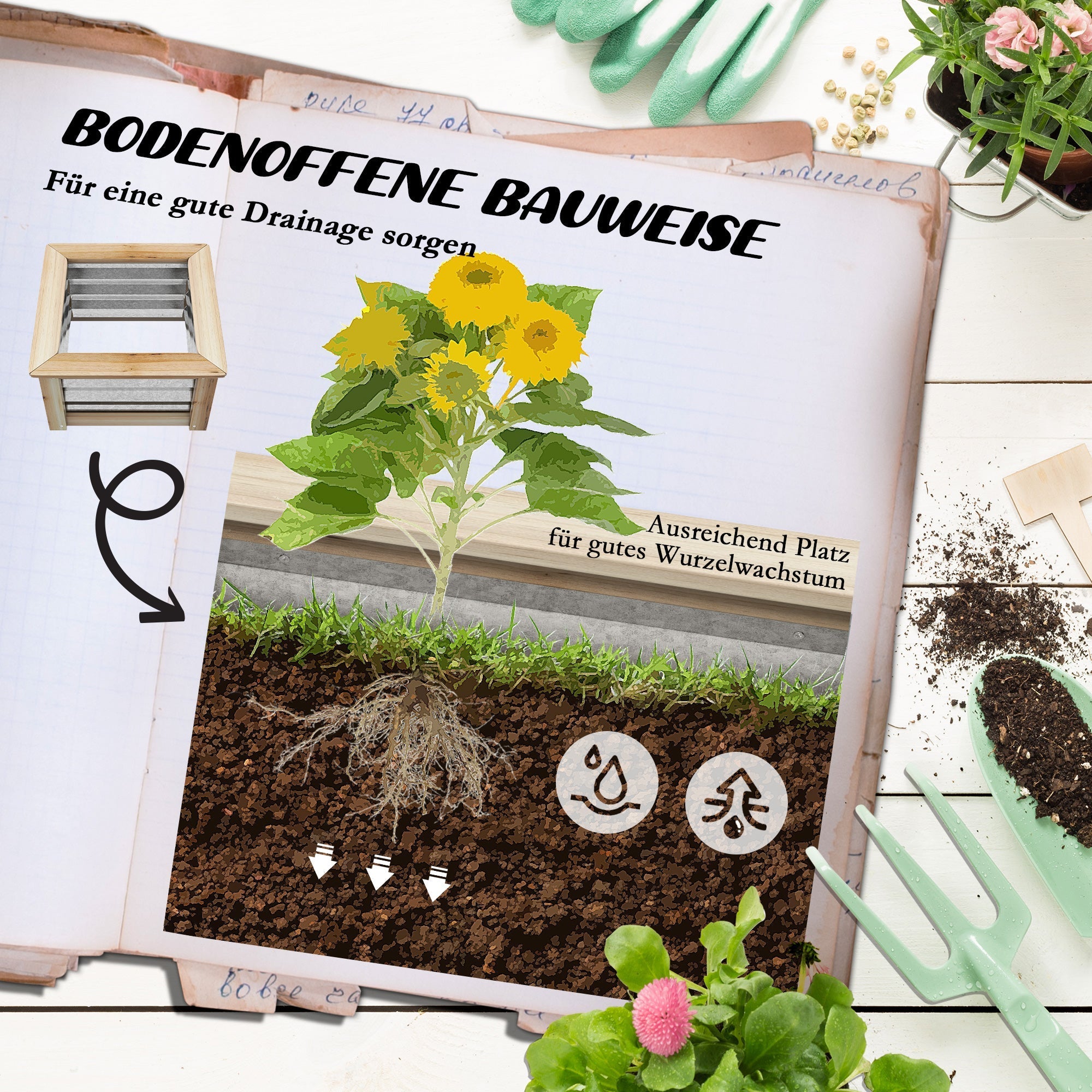 Hochbeet, Blumenkasten, Metall & Holz