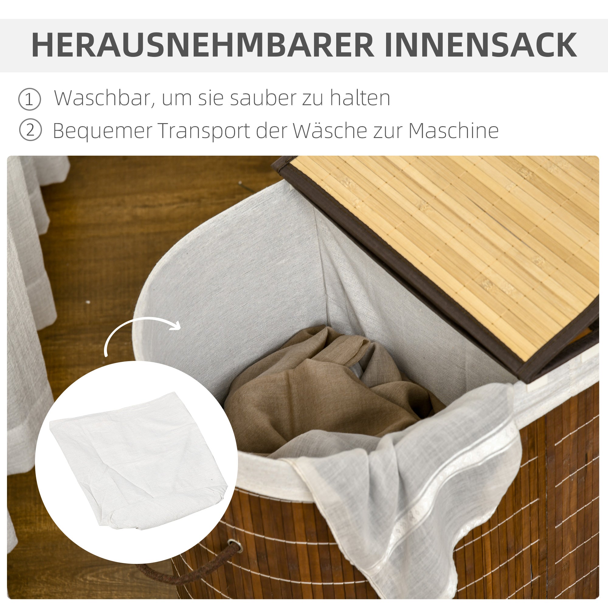 Wäschekorb, 100L mit Deckel, 2 Säcke, Bambus