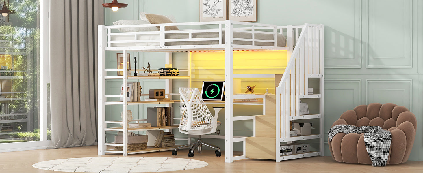Metal Loft Bed with Desk, Stairs, Storage and LED Light, White