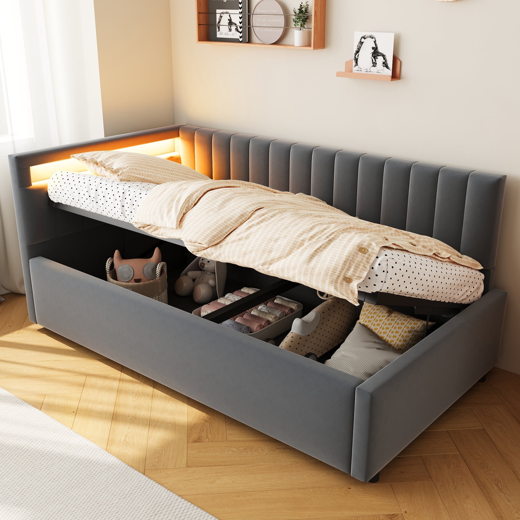 Upholstered Sofa Bed with LED Lighting and Hydraulic Storage, Velvet Beige/Gray
