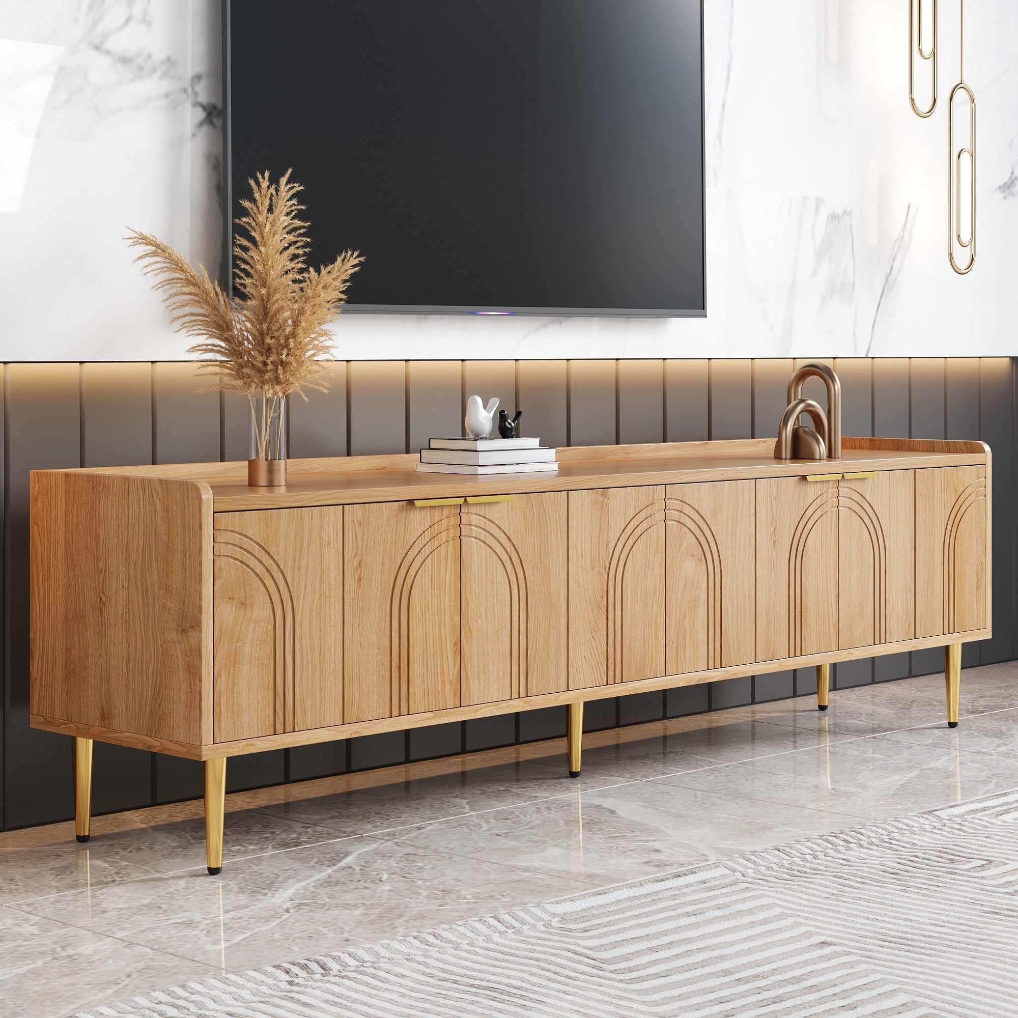 TV Cabinet Lowboard, Textured Door Gold Handles and Feet, 170cm MDF