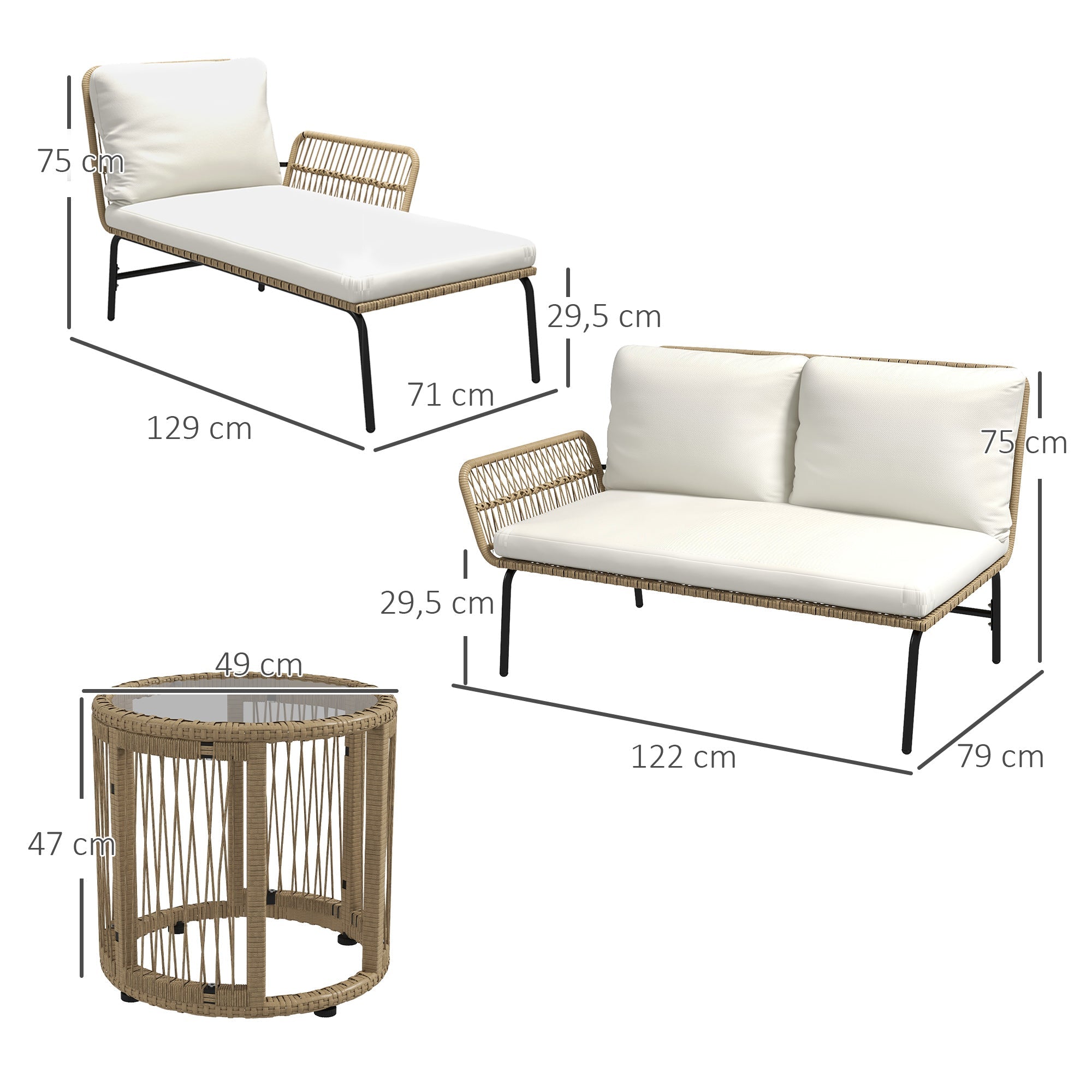 Rattan Garden Furniture Set with Sun Lounger, Coffee Table, Loveseat & Cushions, Cream