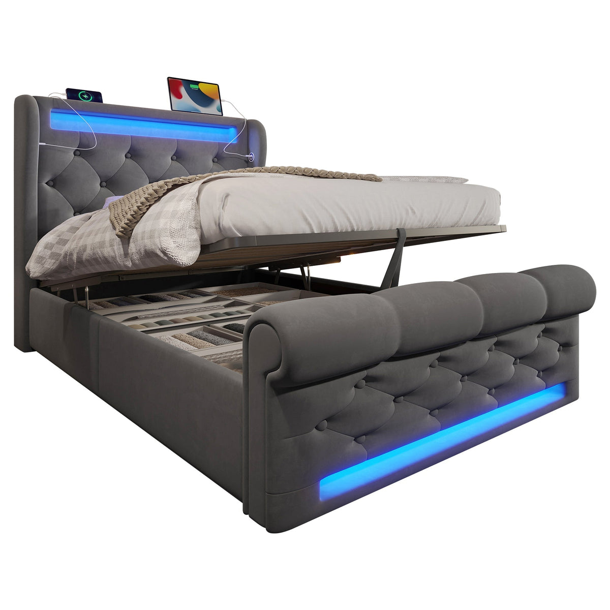 Upholstered Single Bed 90x200cm LED Headboard USB Hydraulic Storage Grey Velvet