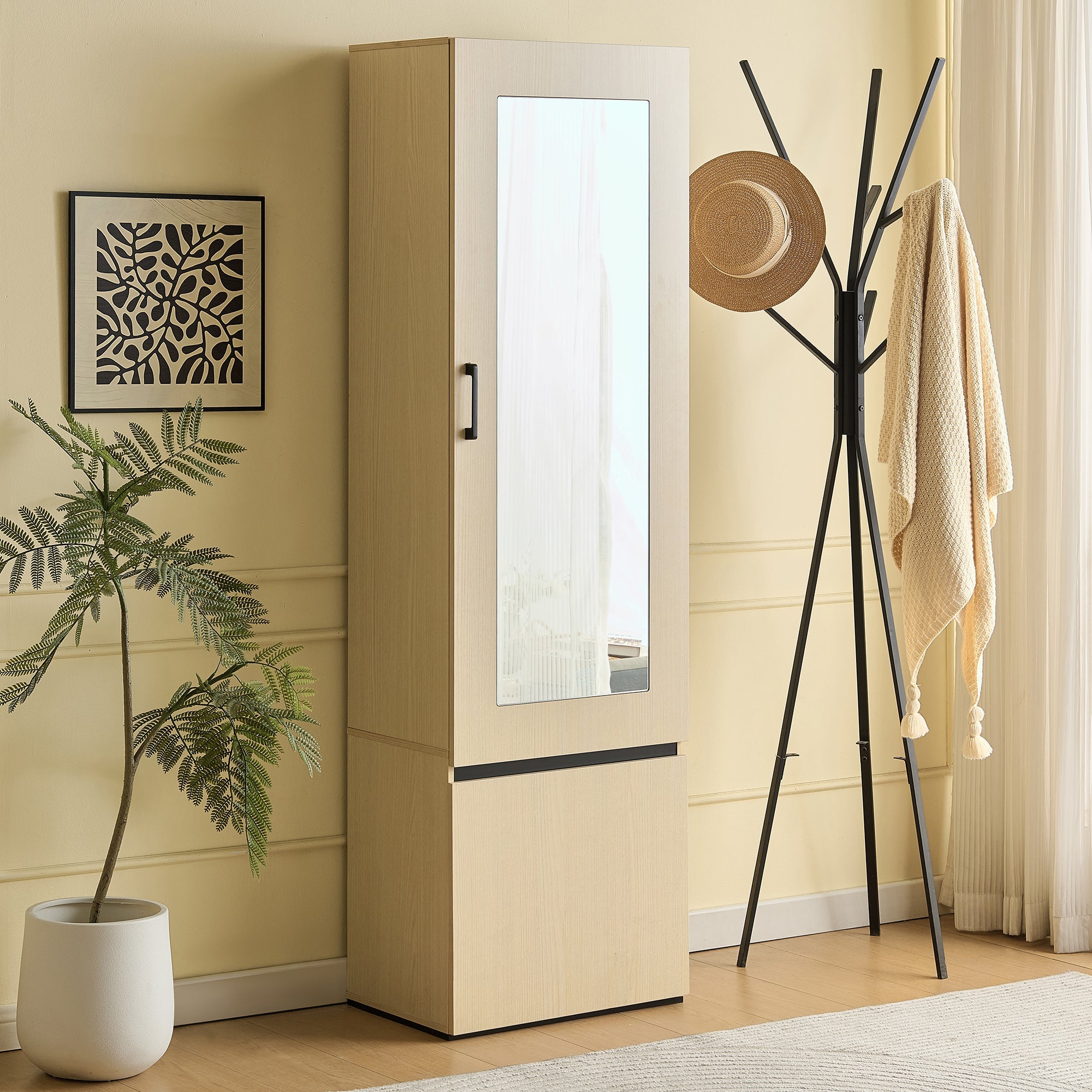 Wardrobe Narrow, Mirror & Pull-Out Rail, Space-Saving MDF