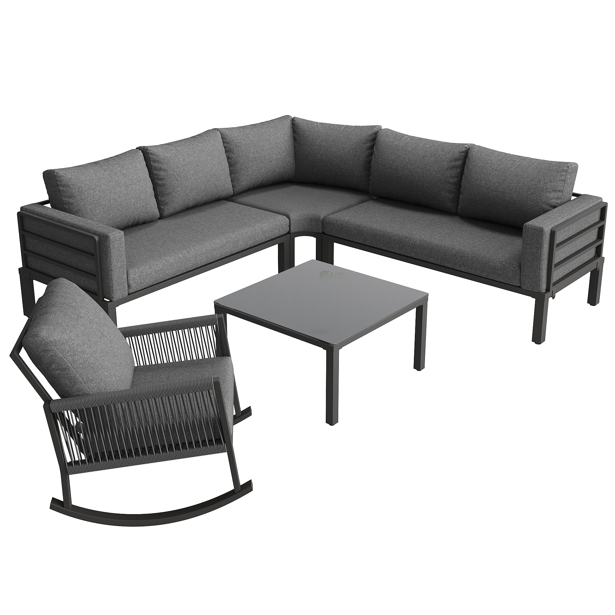 Modular Garden Furniture Set with Corner Sofa, Rocking Chair and Glass Table, Metal Frame and Rope Weave