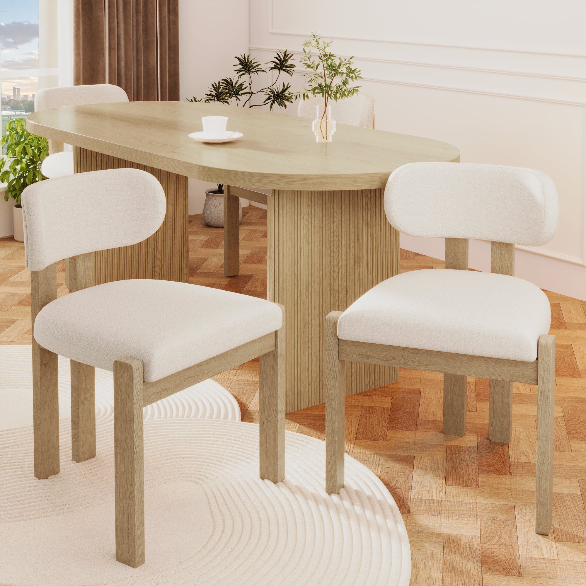Set of 4 Solid Wood Dining Chairs, Modern Bouclé Upholstered for Living Room and Cafe, Natural Color