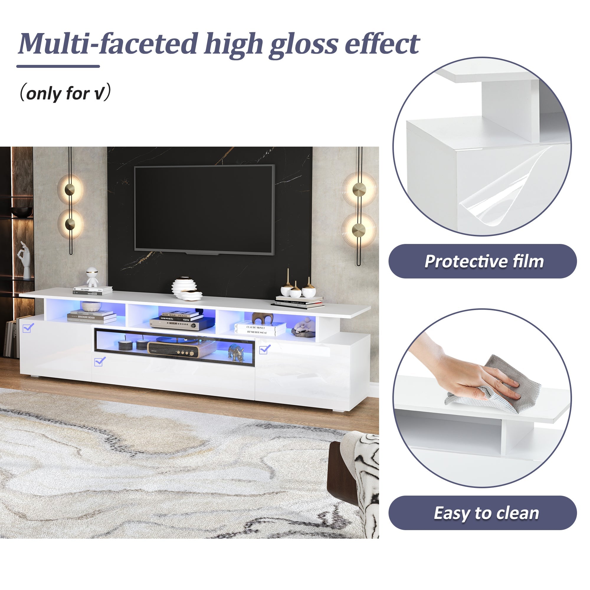 TV Cabinet, 180x38x45cm High-Gloss with 2 Cabinets, 1 Drawer, LED, for 75-inch TVs