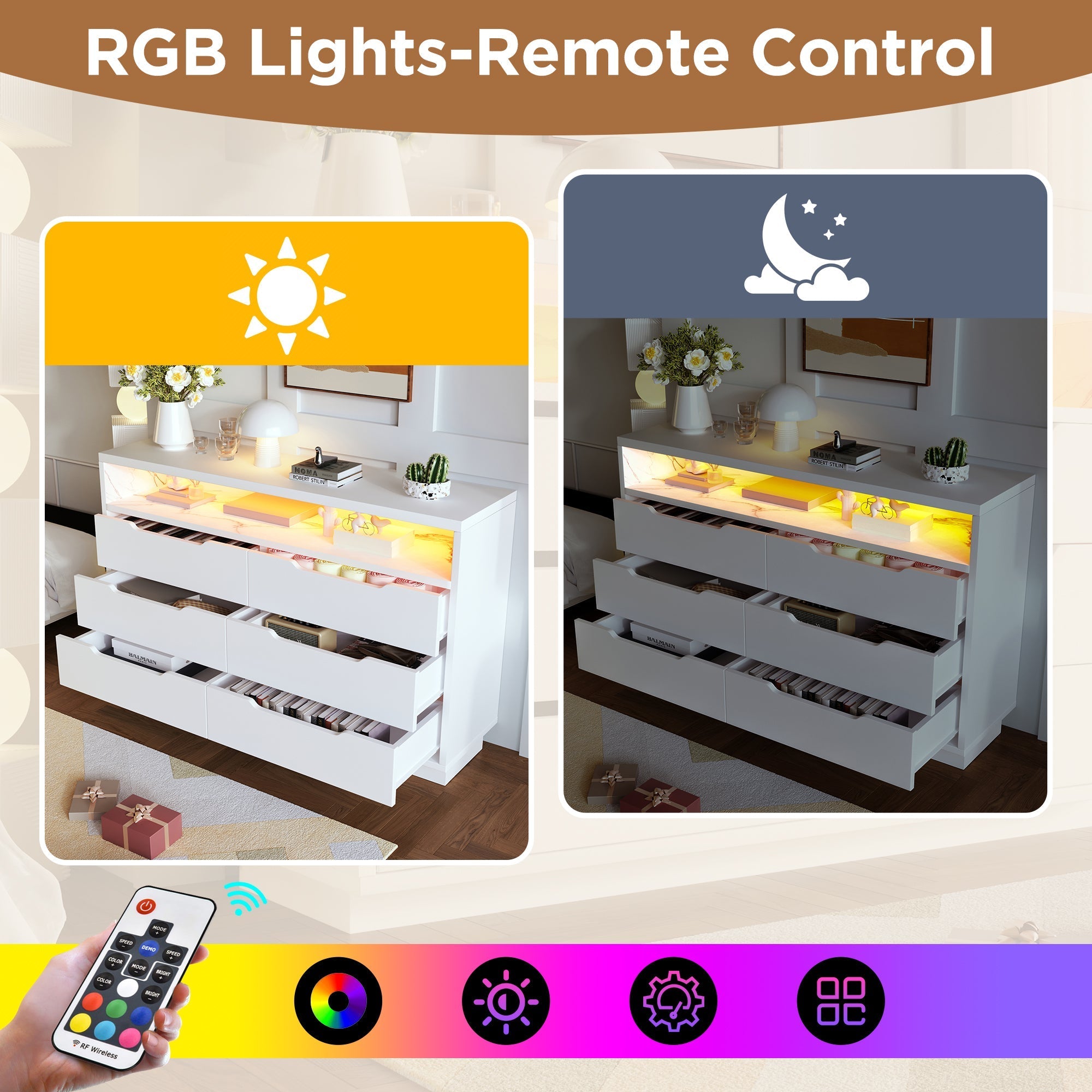 Marbled 6-Drawer Sideboard, RGB LED Lighting & Shelves, White