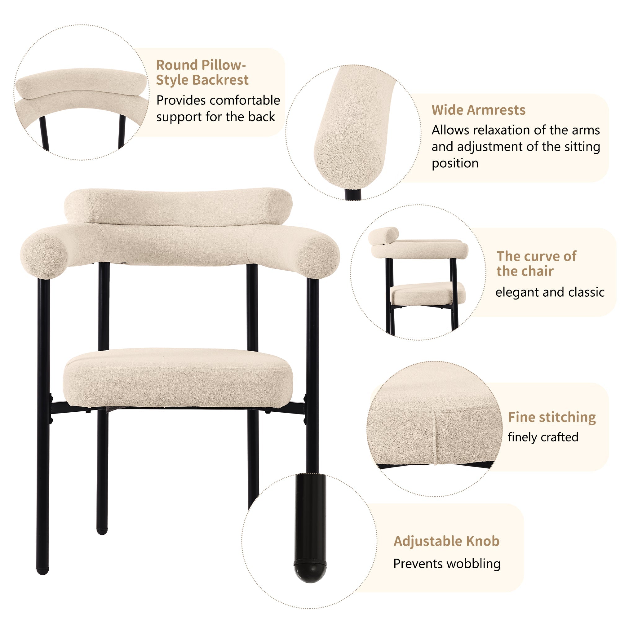 6 Dining Chairs Modern Simple Comfortable Ring Seat Cream Suede Fabric