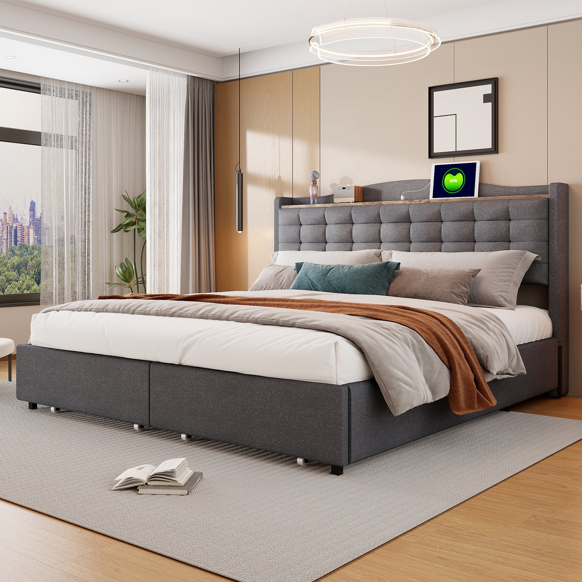 Upholstered Bed 160*200 cm, with USB Charging Bedside Table and 4 Drawers, Gray Linen Fabric
