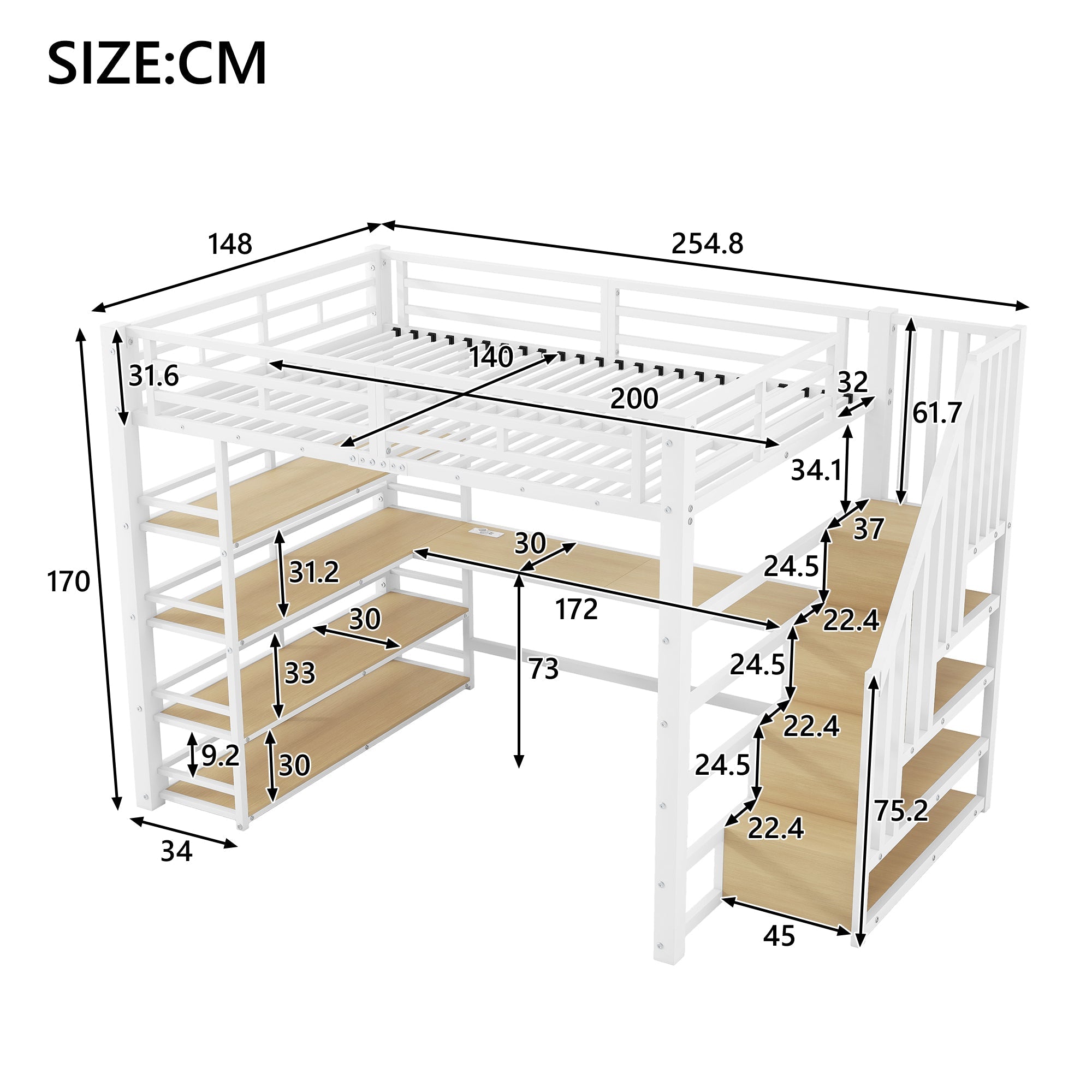 Metal Loft Bed with Desk, Stairs, Storage and LED Light, White