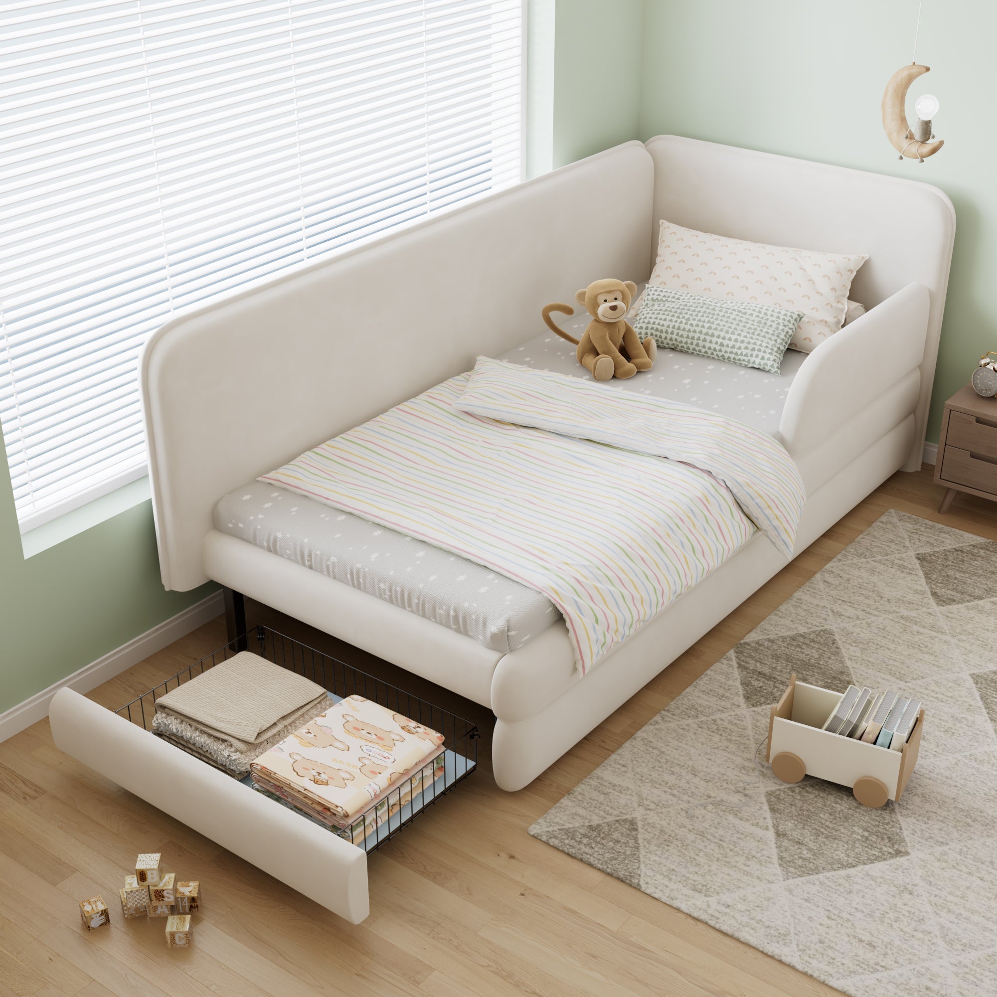 Upholstered Bed 3ft Single 90x190cm Drawer Footboard Side Rails Velvet Beige